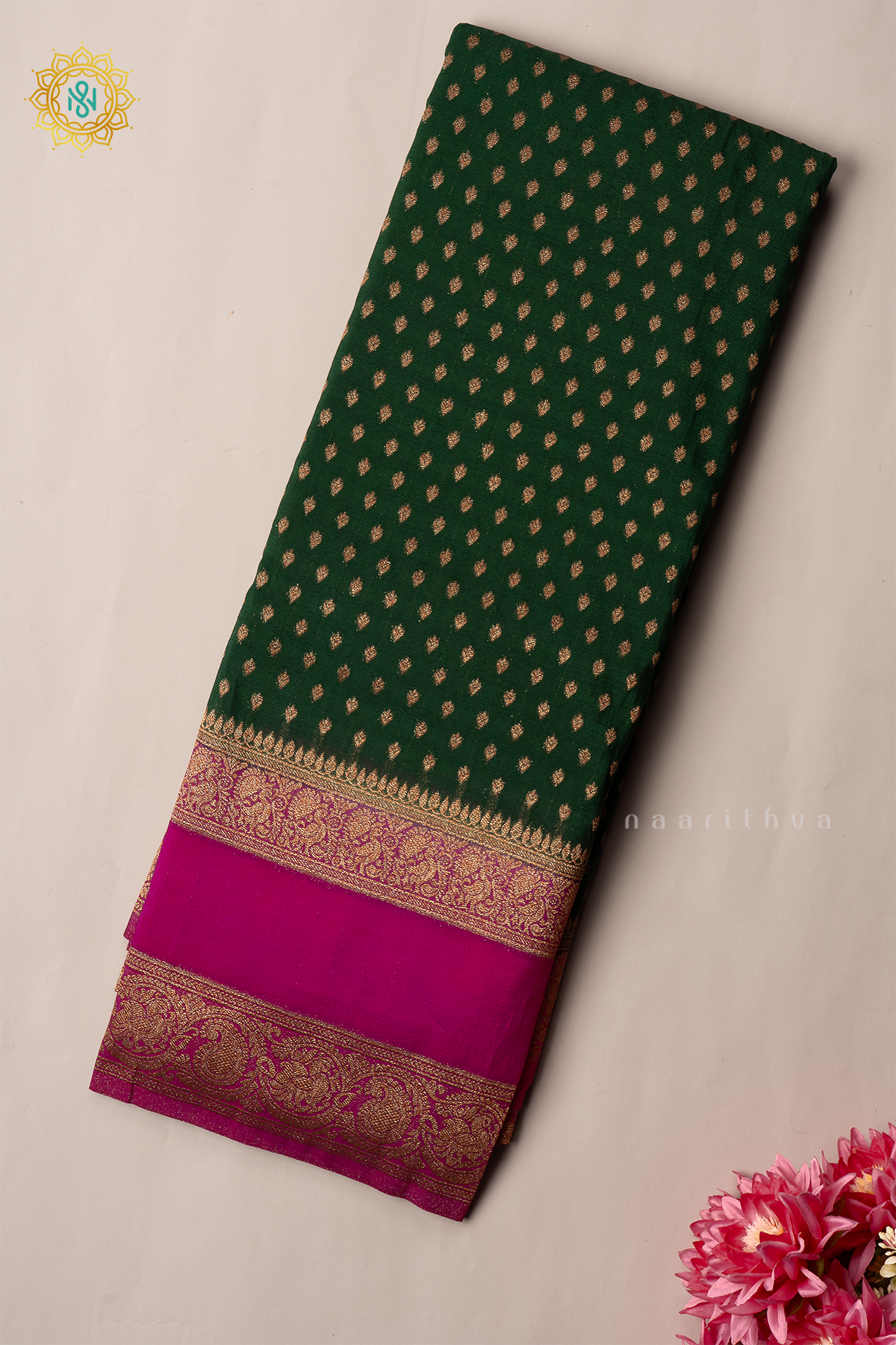 BOTTLE GREEN WITH PINK - SEMI CREPE GEORGETTE