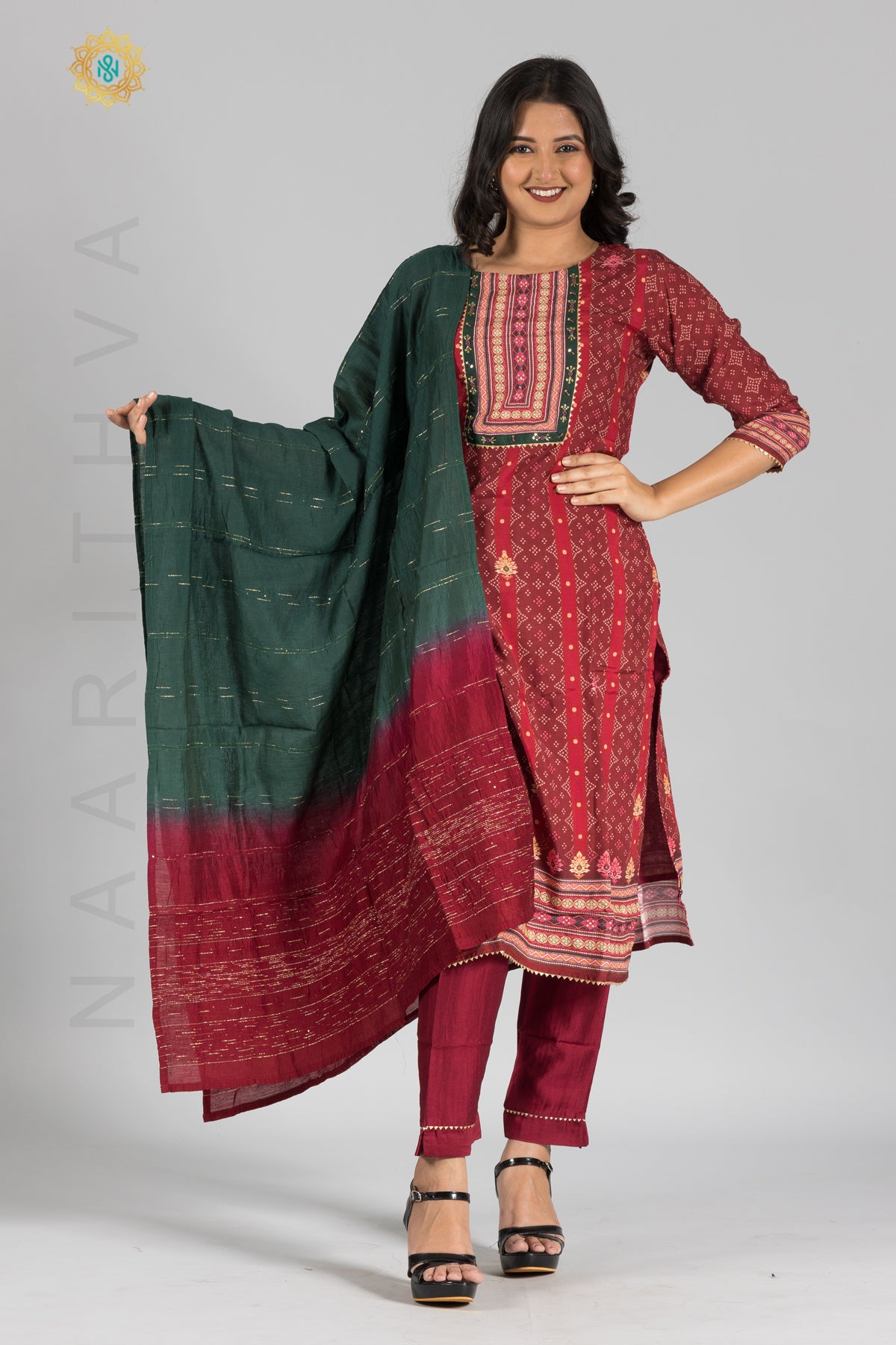 MAROON WITH GREEN - PURE MUSLIN STRAIGHT CUT SALWAR SUIT WITH DUPATTA