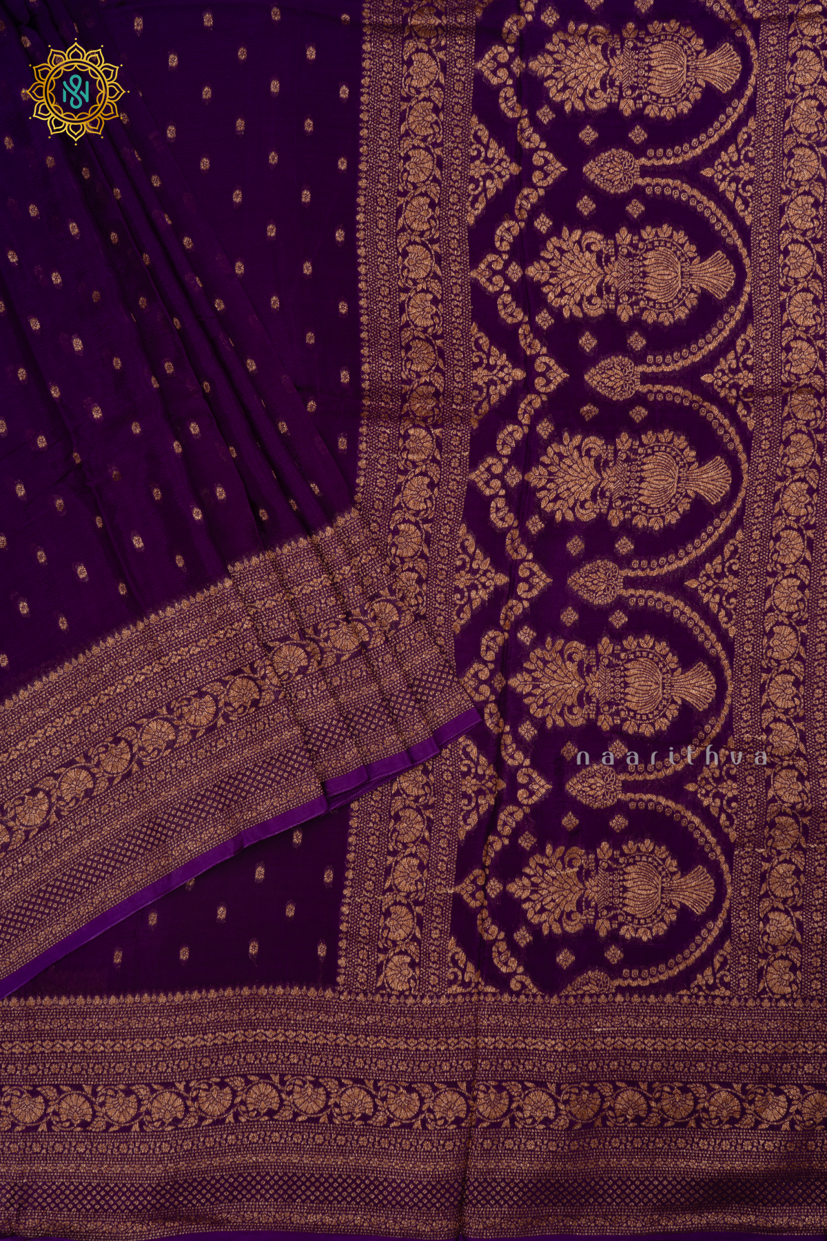 Purple Semi Banarasi Crepe Silk Saree with All-Over Zari Buttas and a Zari Border