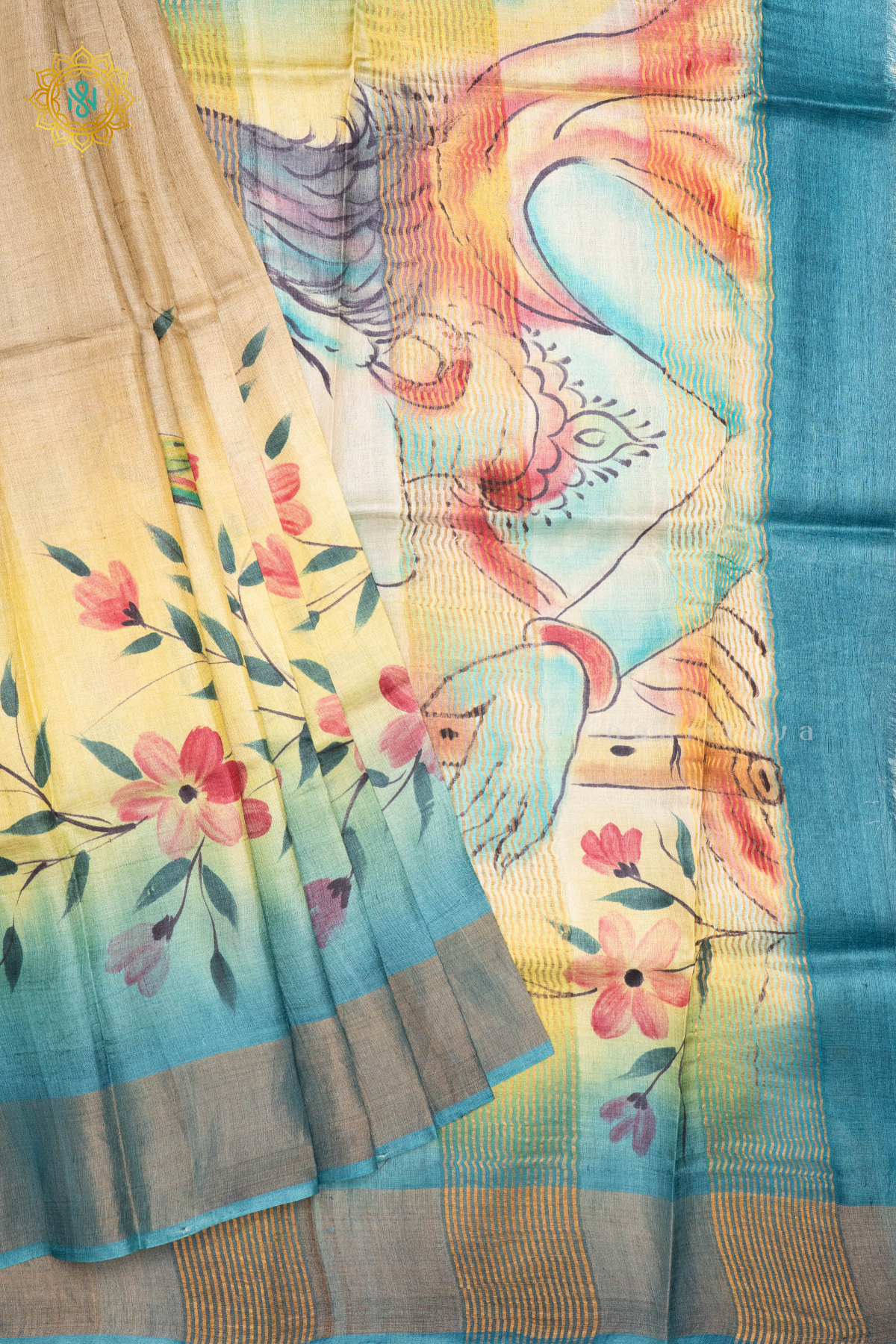 BEIGE WITH AQUA BLUE - PURE TUSSAR SILK WITH HAND PAINTED