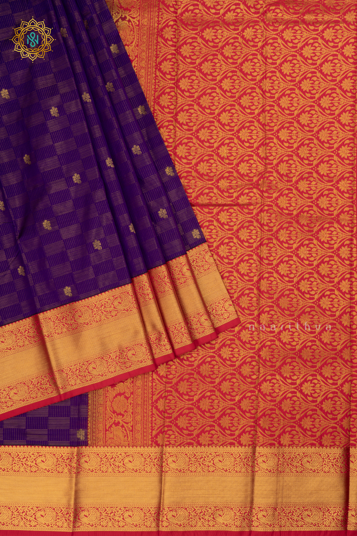 Purple with Rani Pink Semi Kanchi Saree With Zari Buttas All Over And Contrast Zari Border