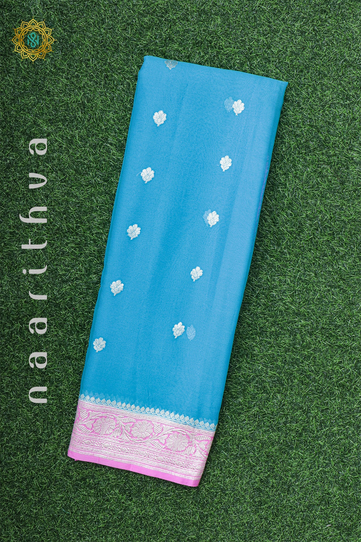 SKY BLUE WITH LIGHT PINK - PURE BANARASI CHIFFON