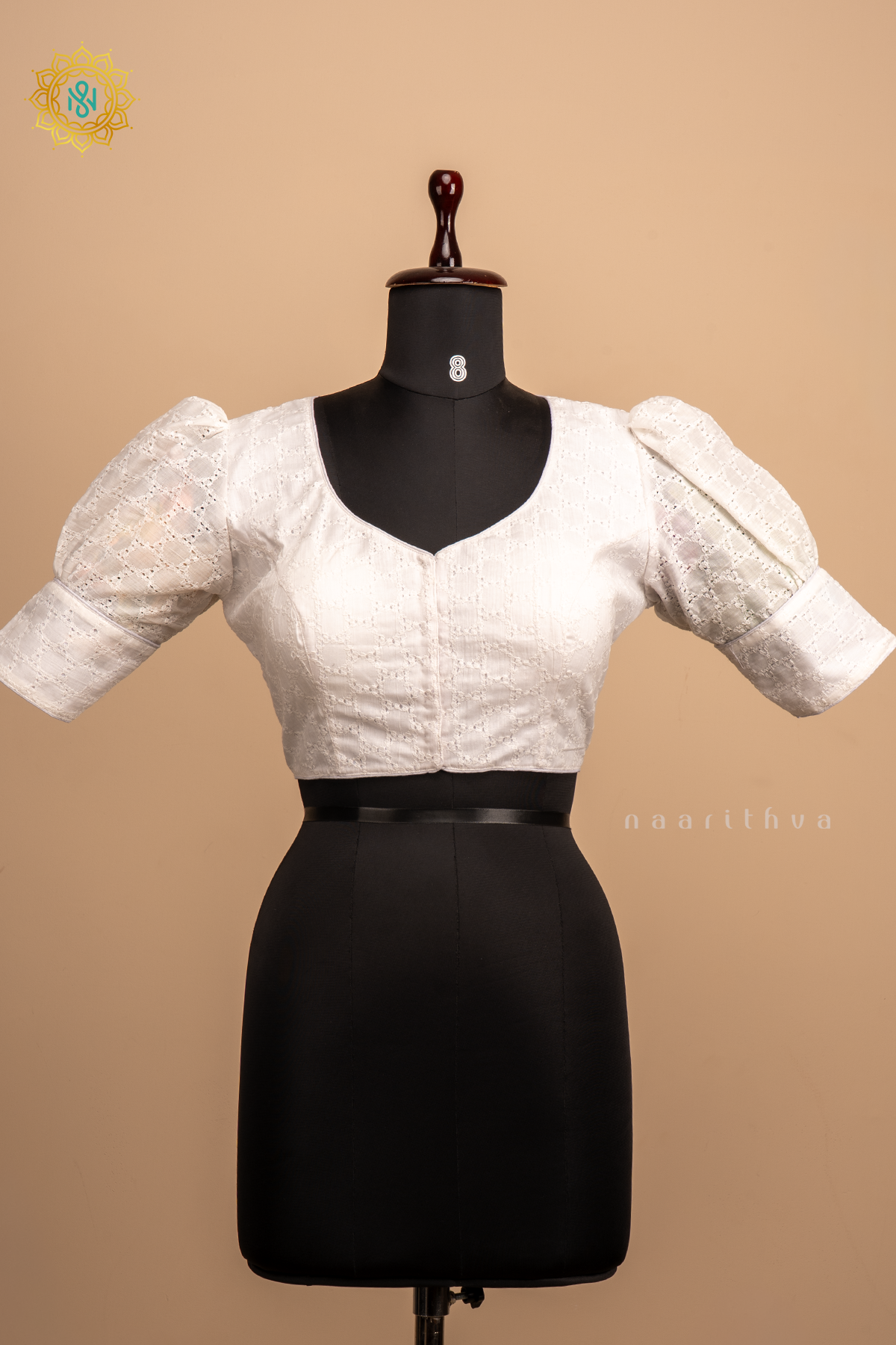 White - Cotton readymade blouse with hakoba work and puff sleeves