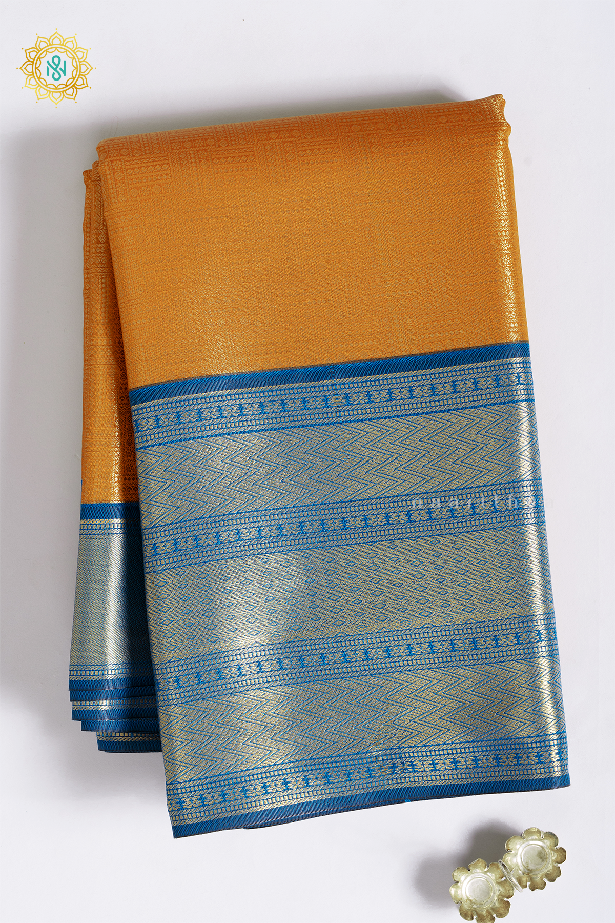 ORANGE WITH PEACOCK BLUE - SEMI KANCHI