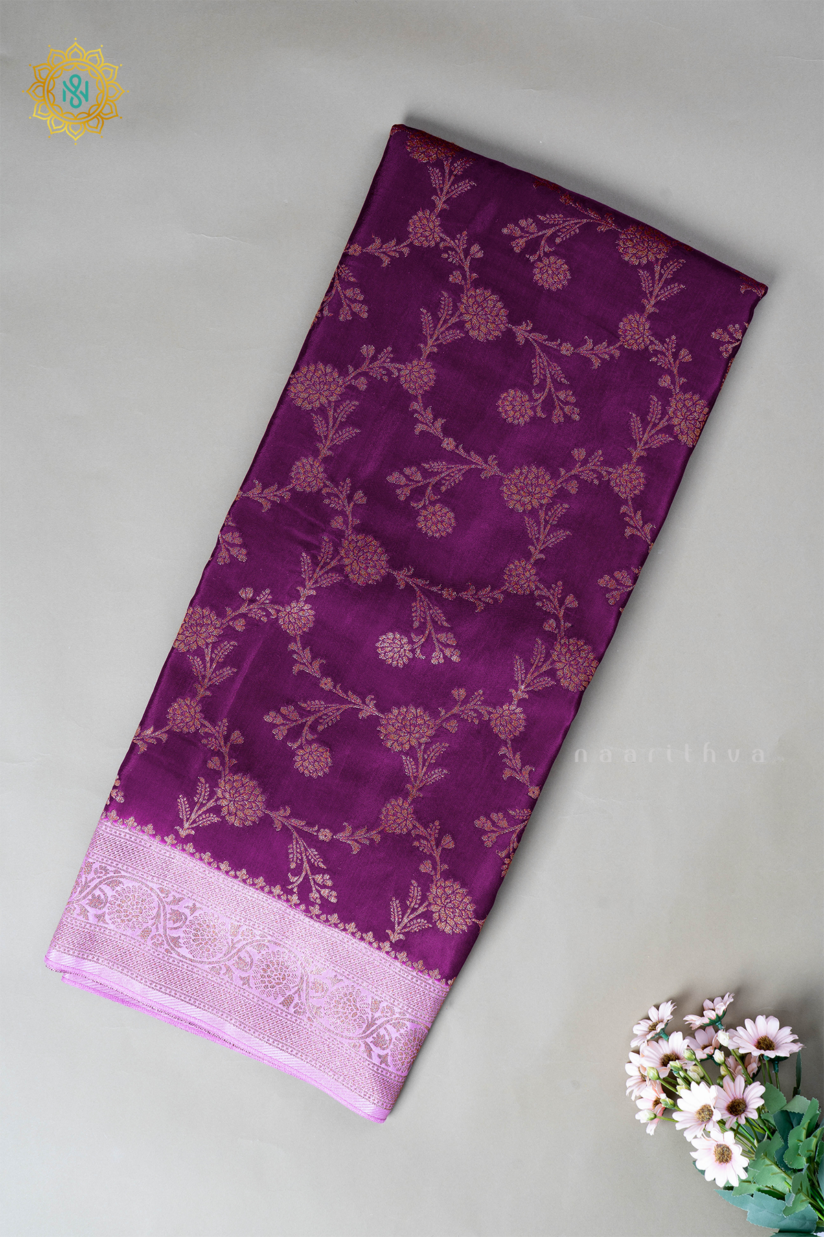 Wine with Lavender Semi Crepe Silk with Allover Woven Buttas and Contrast Zari Border,Pallu and Blouse