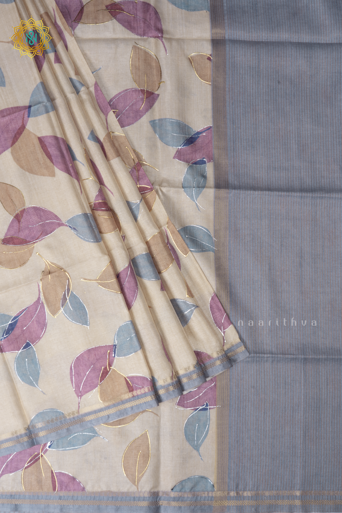 Off White With Grey Semi Tussar Silk Saree With Allover Leaf Prints On The Body With Contrast Pallu