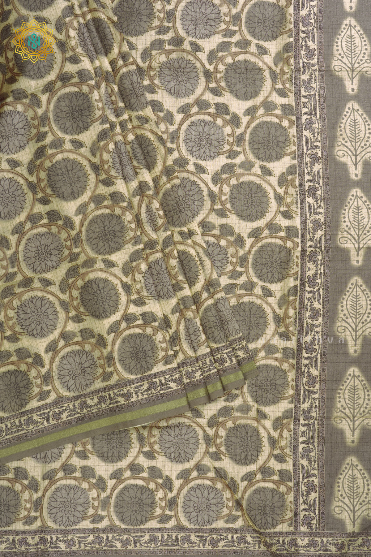 Beige With Grey Semi Tussar Silk Saree With Printed Body And Tissue Border