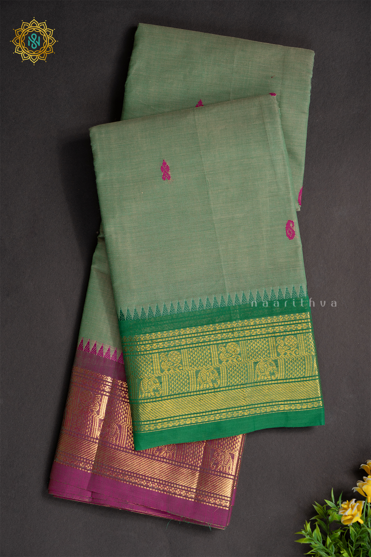 SAGE GREEN WITH GREEN & PINK - CHETTINAD COTTON