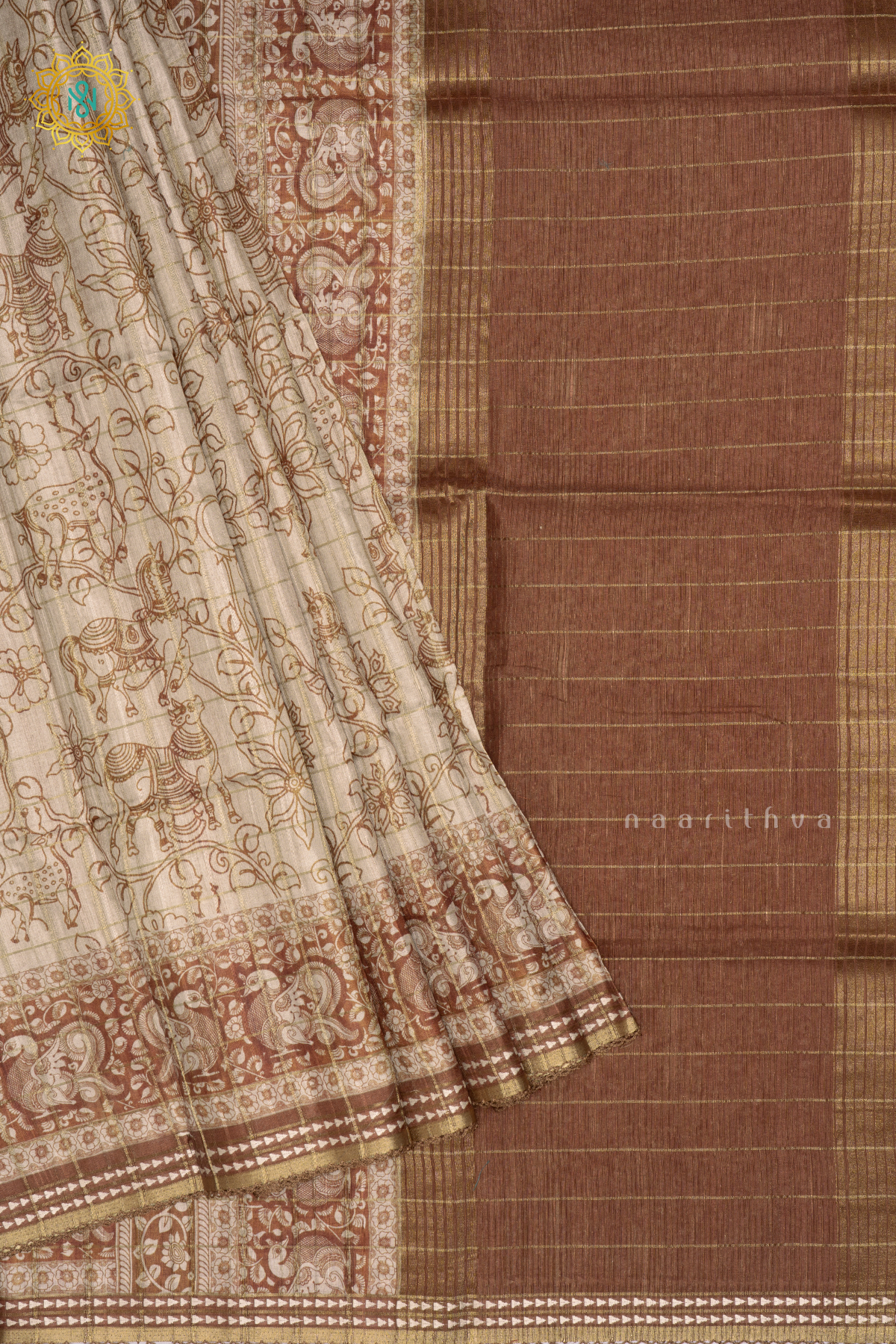 Off White With Light Brown Semi Tussar Silk Saree Allover Printed And Zari Striped Body With Thread Woven Tissue Border