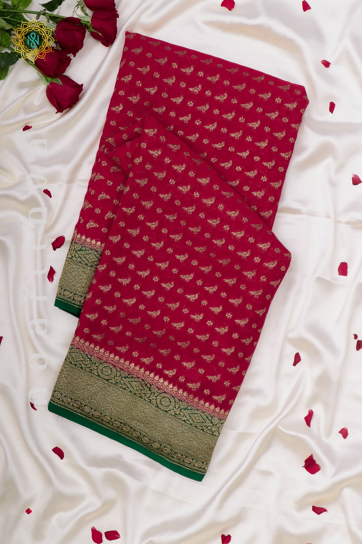 RED WITH GREEN - PURE HANDLOOM KHADDI GEORGETTE BANARAS