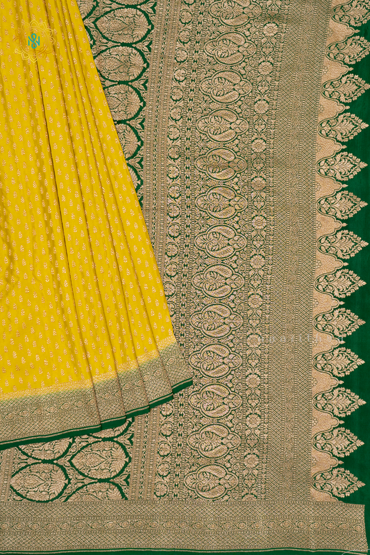 LEMON YELLOW WITH GREEN - PURE BANARASI CREPE SILK