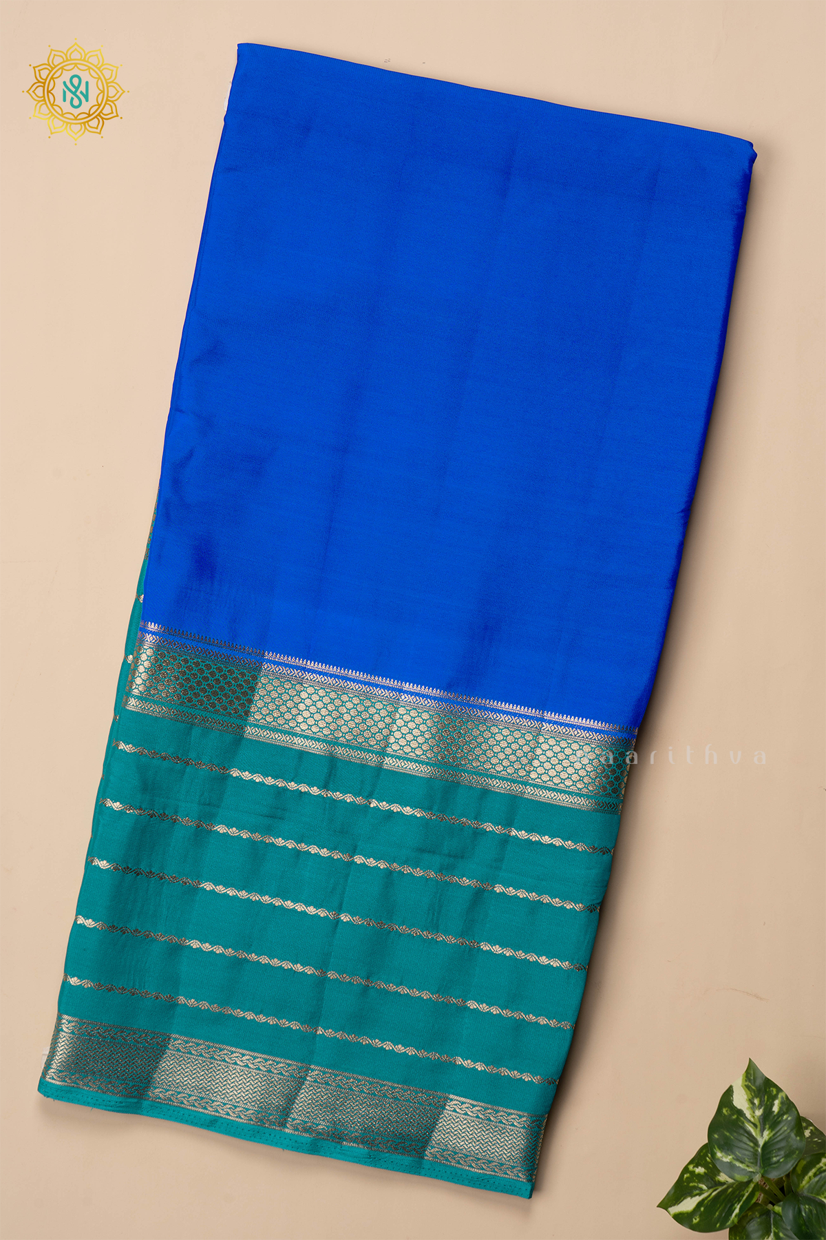 ROYAL BLUE WITH CYAN GREEN - SEMI MYSORE CREPE SILK