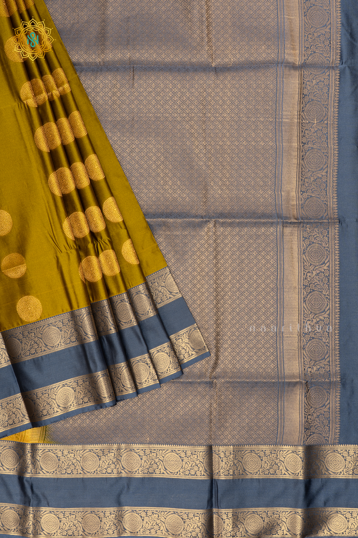 YELLOW WITH GREYISH BLUE - SEMI SOFT SILK SAREE ALLOVER ZARI BUTTAS AND CONTRAST GAP BORDER