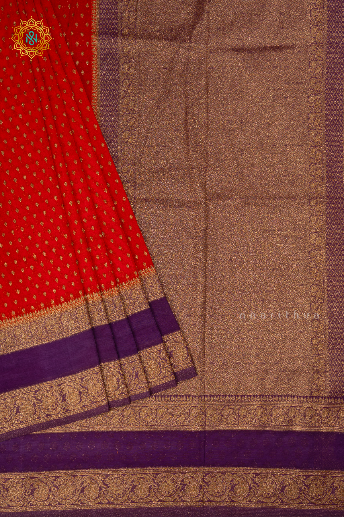 Orange With Purple Semi Georgette Saree With Zari Buttas All Over And Contrast Zari Gap Border