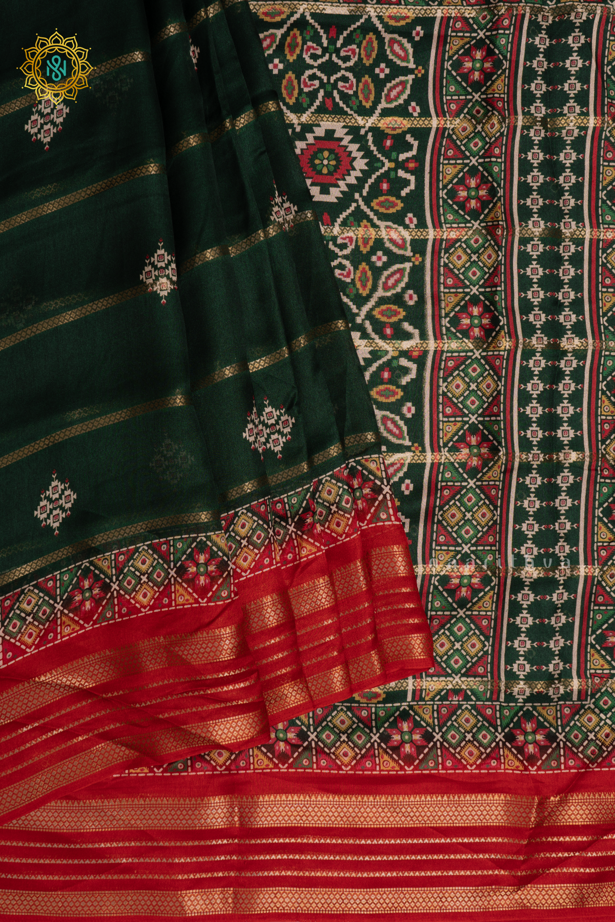 BOTTLE GREEN WITH RED - SEMI GEORGETTE