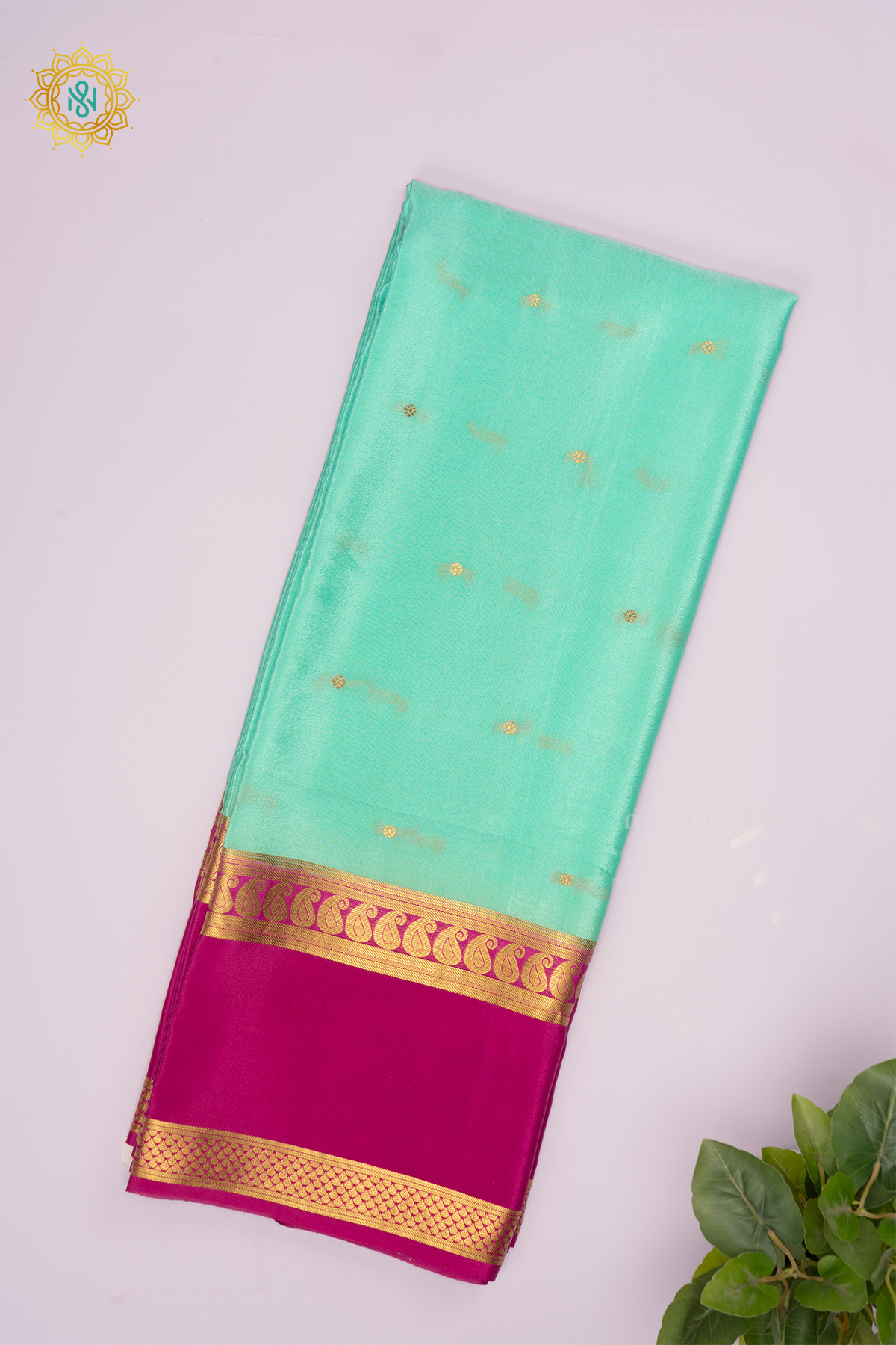 AQUA BLUE WITH RANI PINK - PURE MYSORE CREPE SILK
