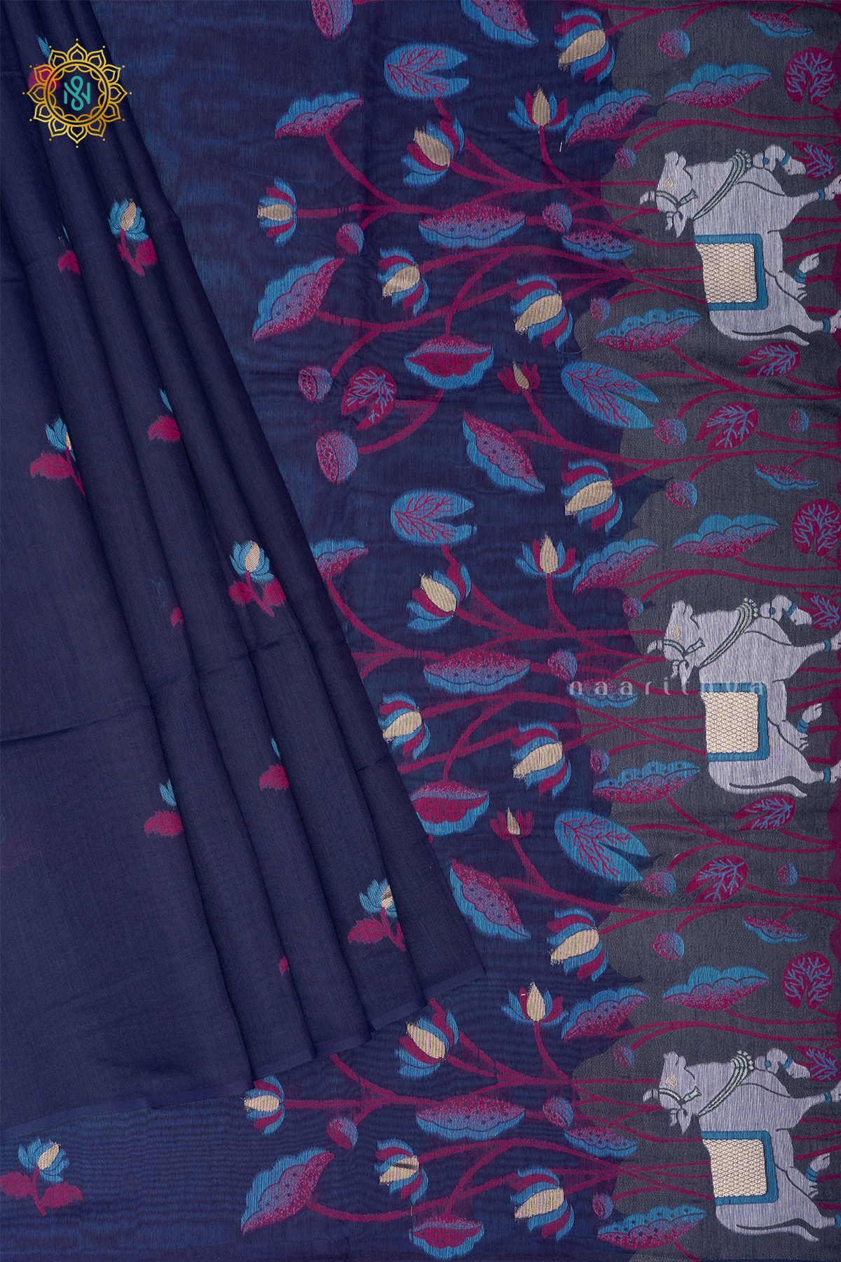 Navy Blue With Aqua Blue Moonga Cotton Saree With Thread Woven Buttas On The Body And Contrast Blouse
