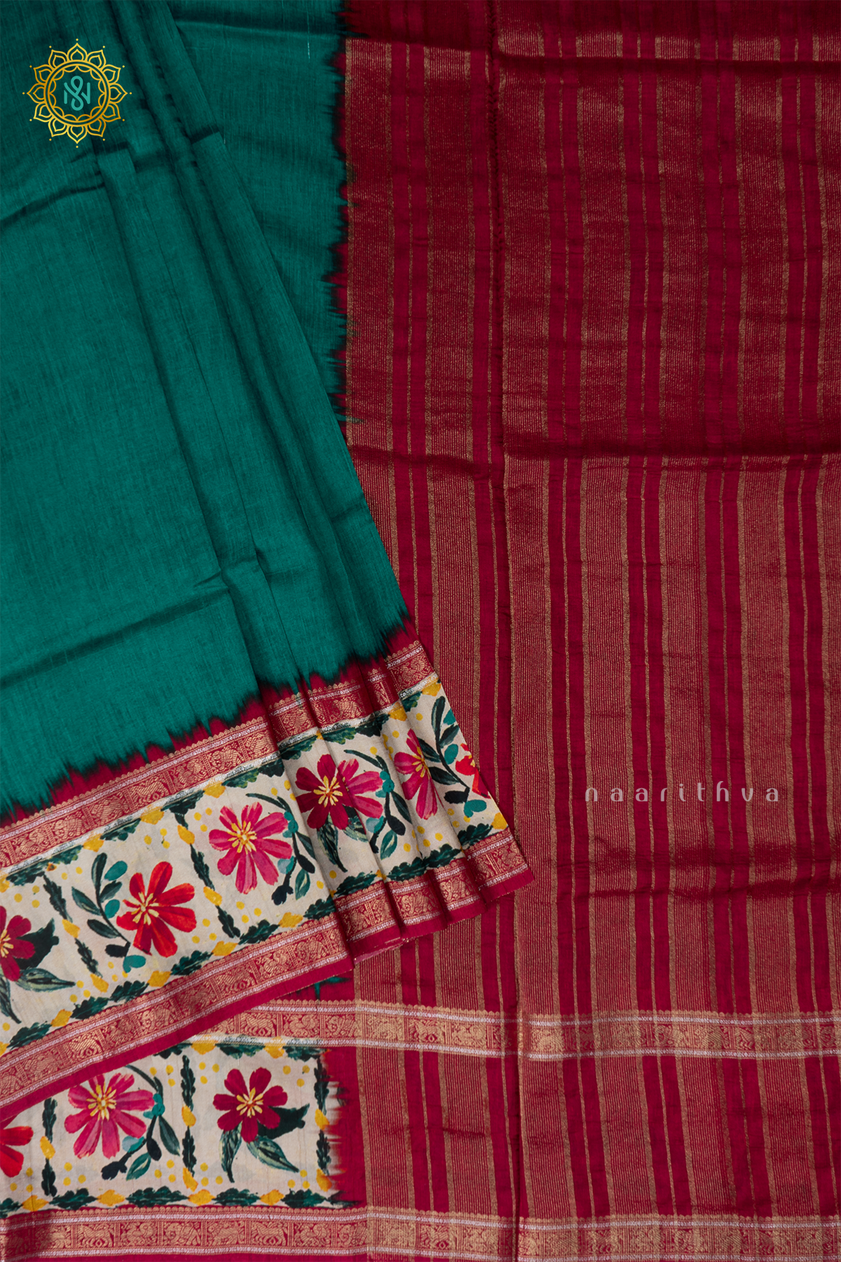 Aqua Blue With Red Printed Semi Crepe Silk With Contrast Border, Pallu