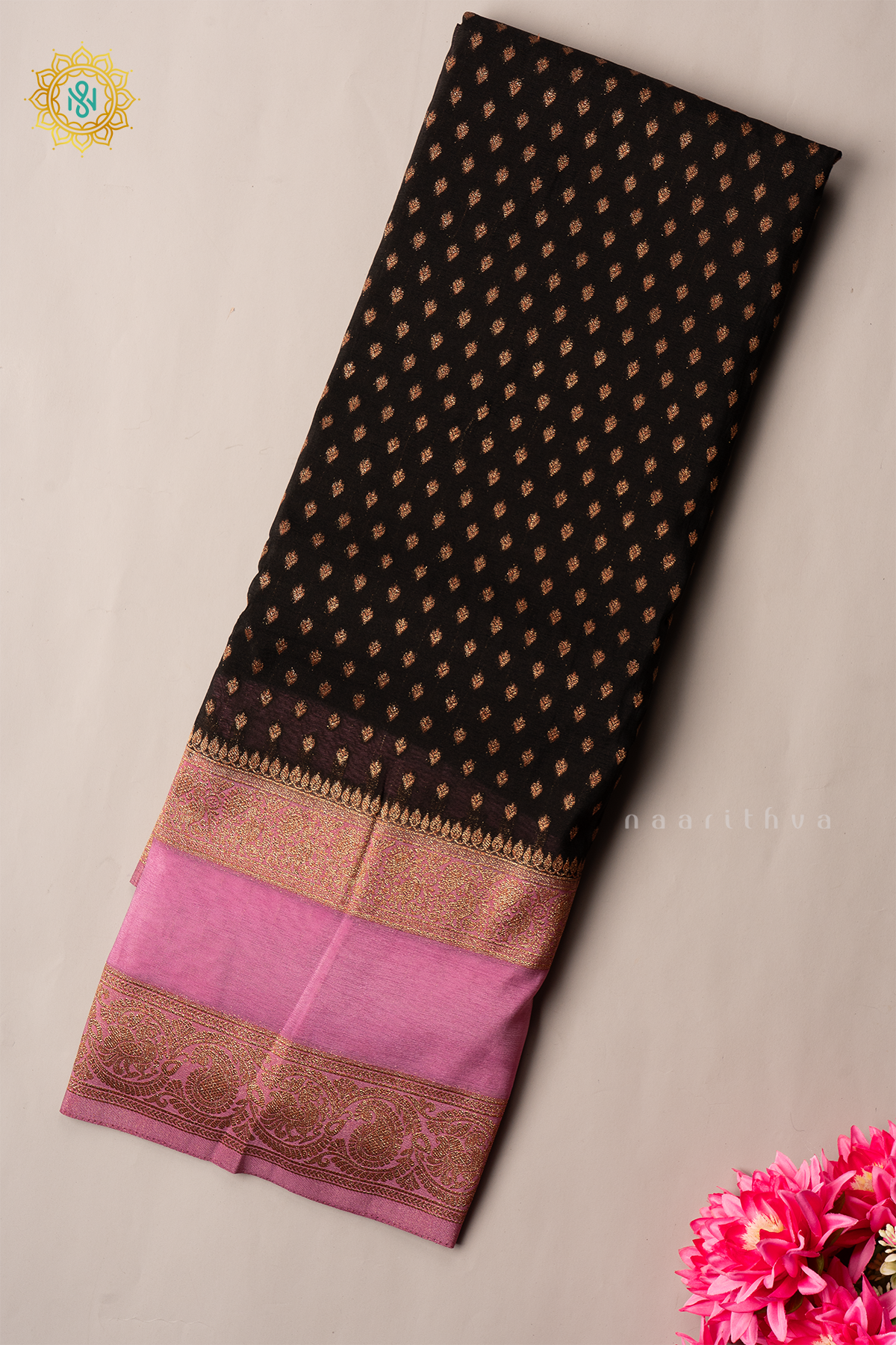 BLACK WITH LIGHT PINK - SEMI CREPE GEORGETTE
