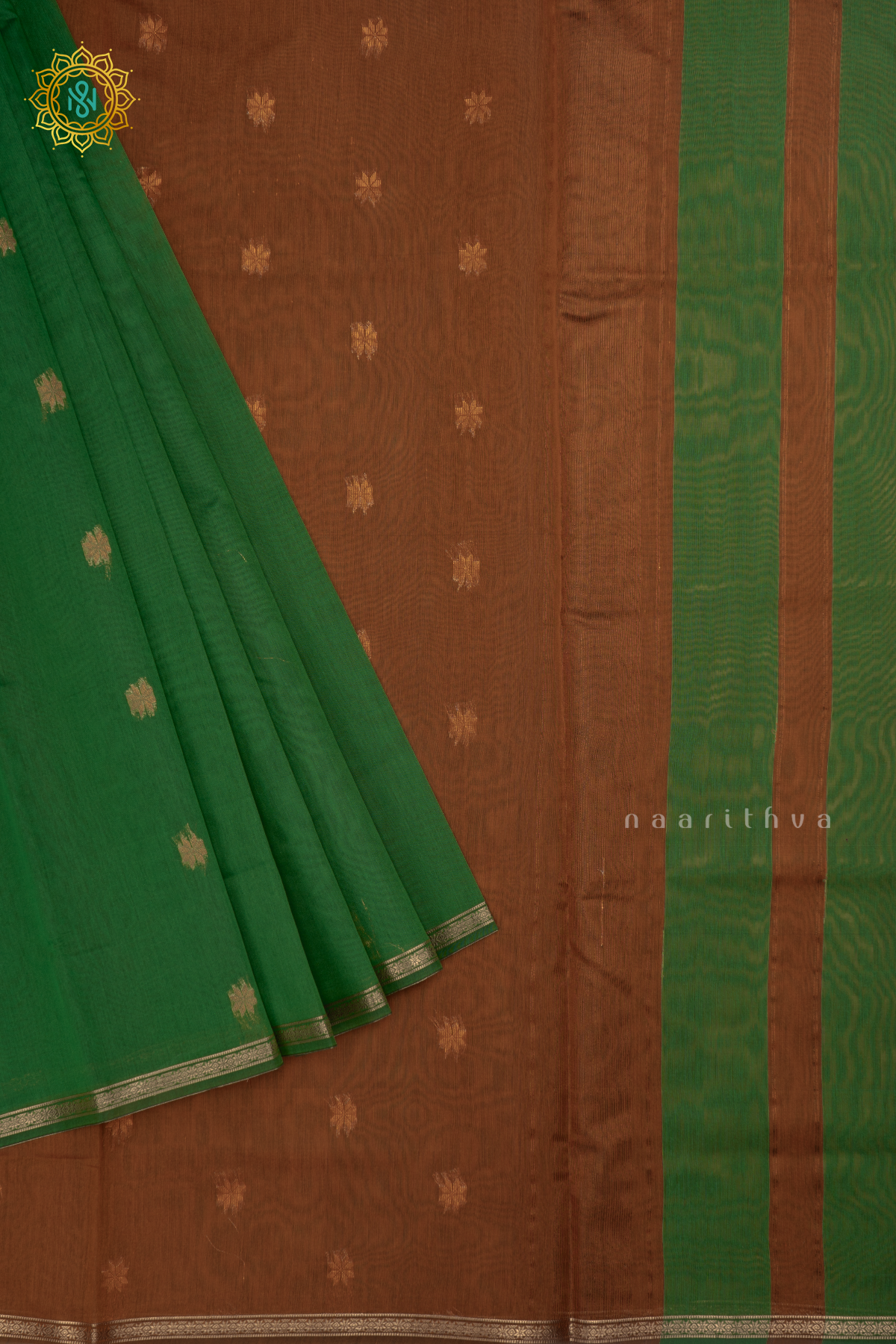 Light Green With Light Brown Silk Cotton Saree With Zari Woven Buttas And Contrast Zari Border
