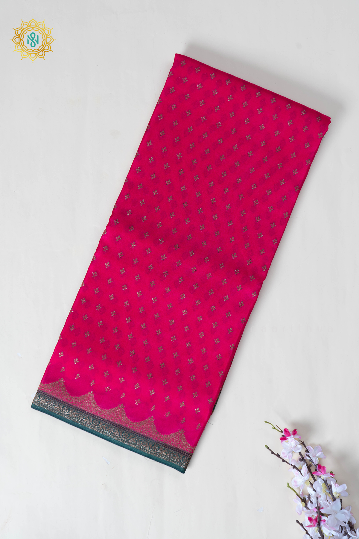 Rani Pink with Bottle Green Semi Crepe Silk with Allover Woven Buttas and Contrast Scallop Zari Border,Pallu and Blouse