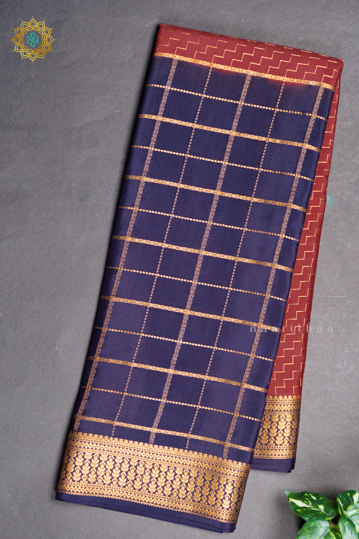NAVY BLUE WITH MAROON - PURE MYSORE CREPE SILK