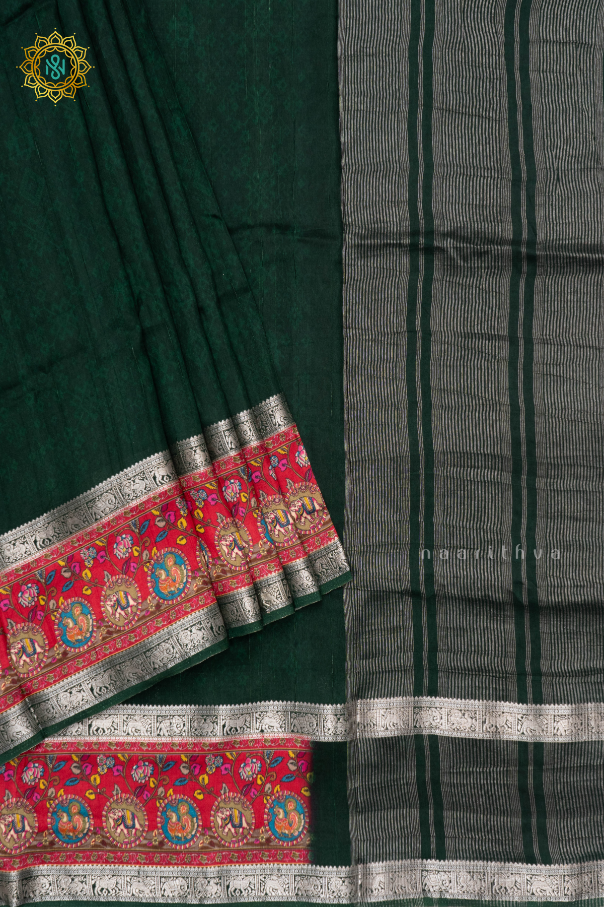 BOTTLE GREEN WITH RED - SEMI CREPE SILK