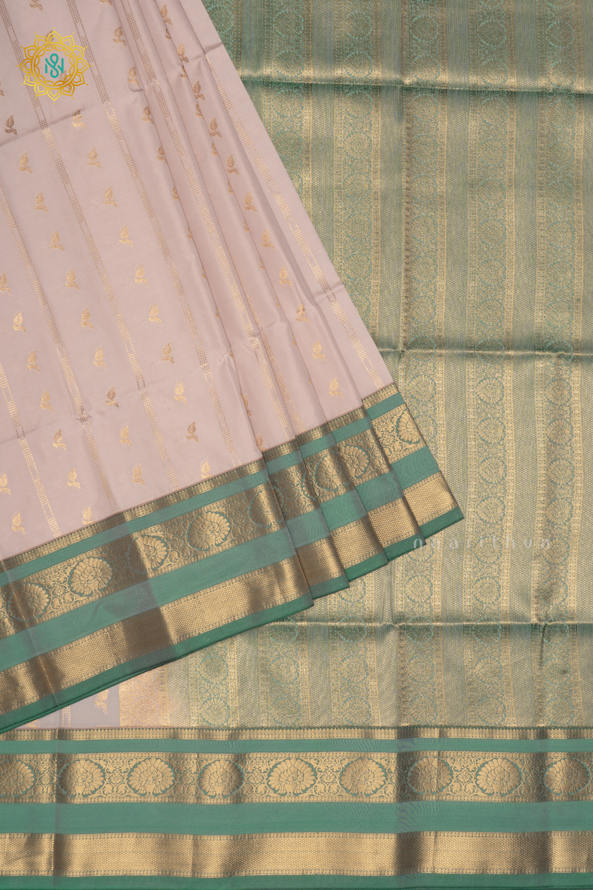 OFF WHITE WITH AQUA GREEN - SEMI KANCHI SAREE ALLOVER ZARI BUTTAS AND CONTRAST GAP BORDER