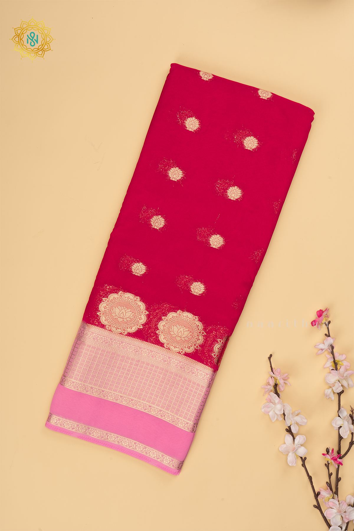 Rani Pink with Light Pink Semi Chiffon Georgette Saree with Allover Zari Buttas and Zari Checks Border