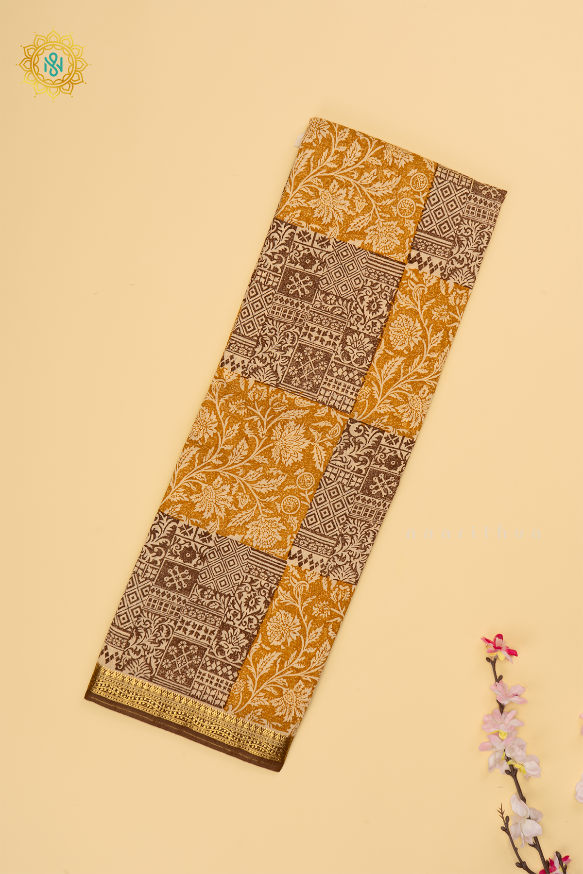 Brown with Yellow  Butter Crepe Saree with All-Over Printed Body and Zari Border