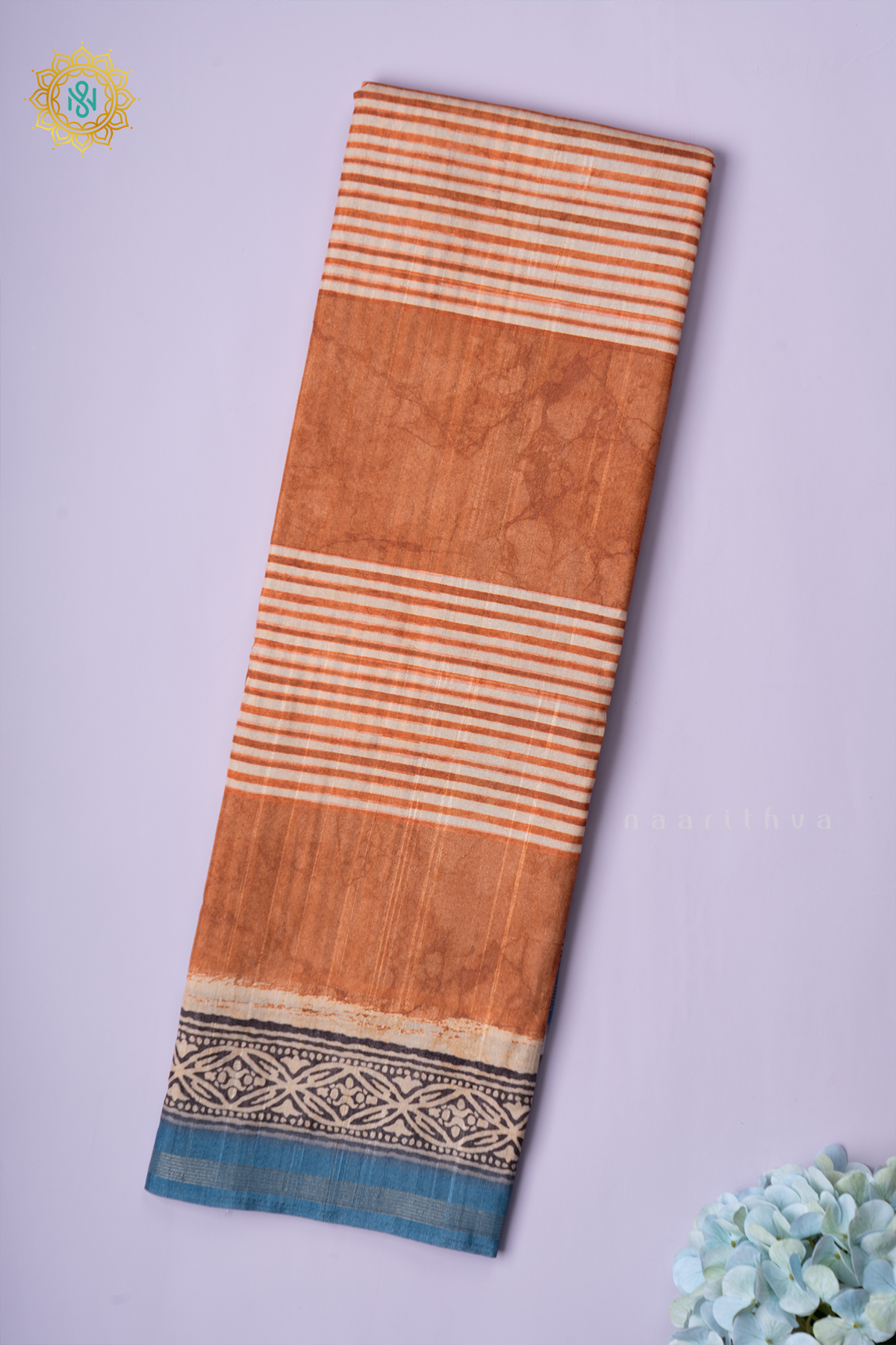 RUST ORANGE WITH BLUE - SEMI TUSSAR SILK