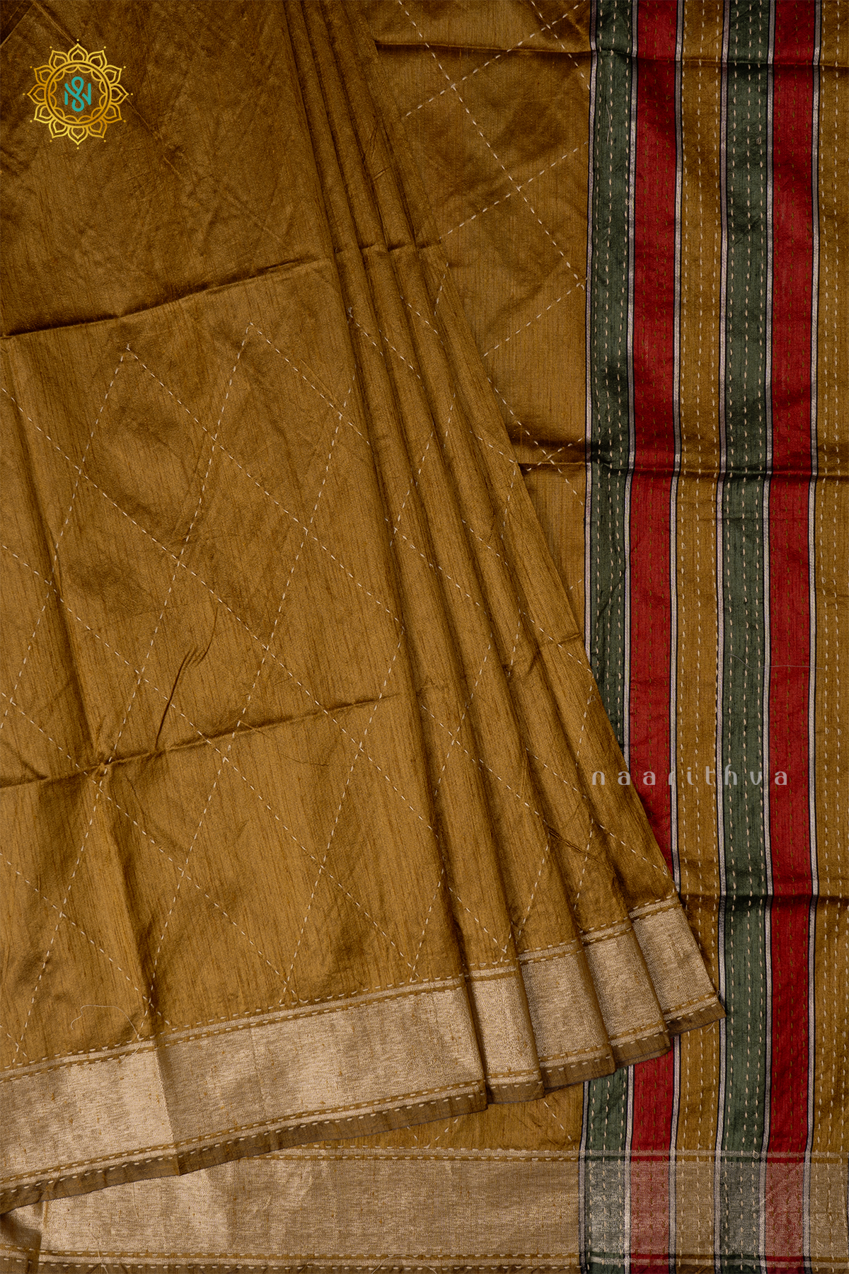 Mustard Semi Tussar Silk Sarree With Rangkat Pallu & Blouse