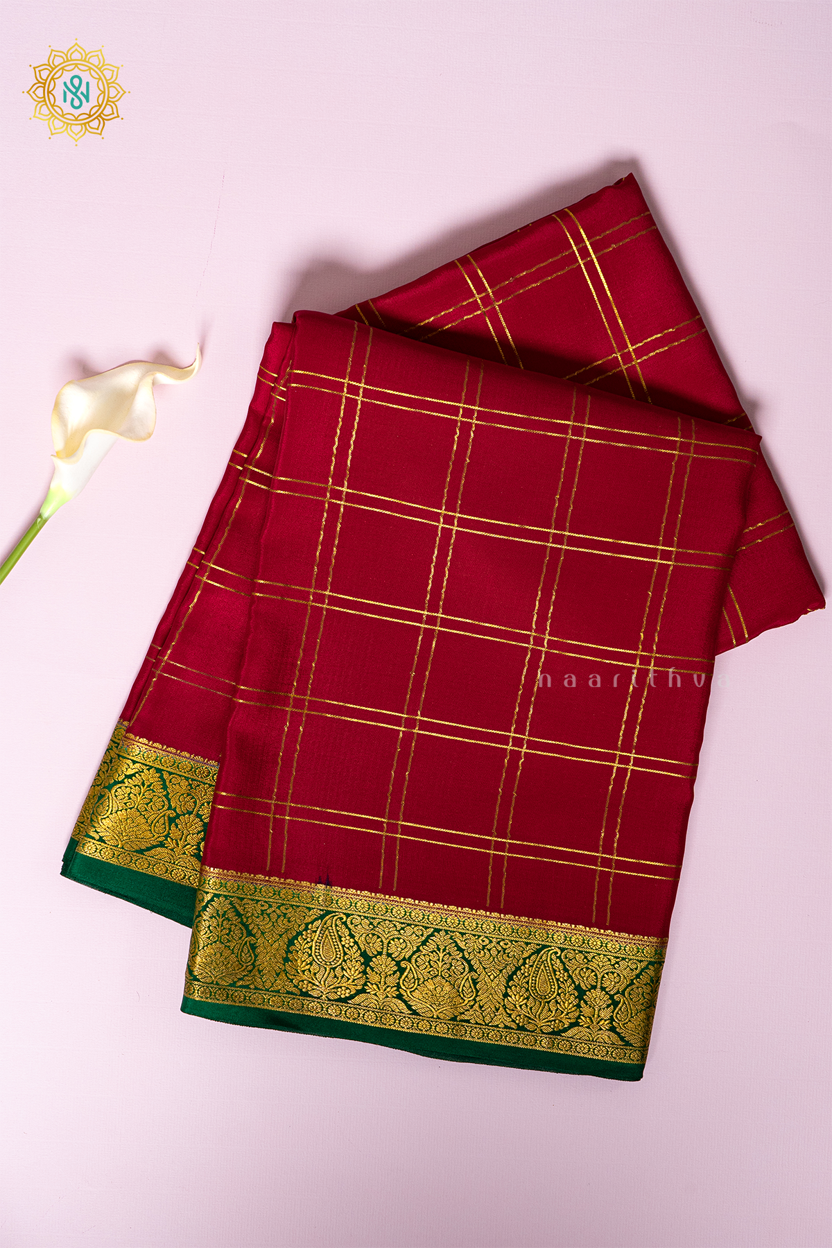 RED WITH GREEN - PURE MYSORE CREPE SILK
