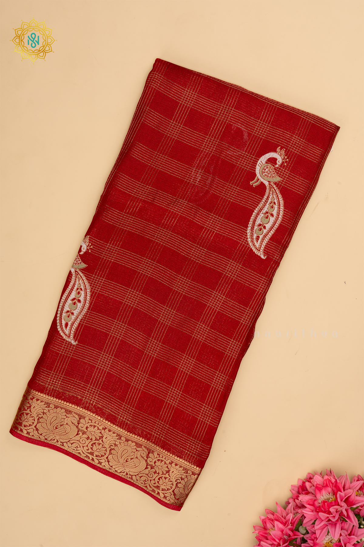 RED - SEMI GERORGETTE ZARI CHECKS BODY WITH PRINTED BUTTAS AND ZARI BORDER