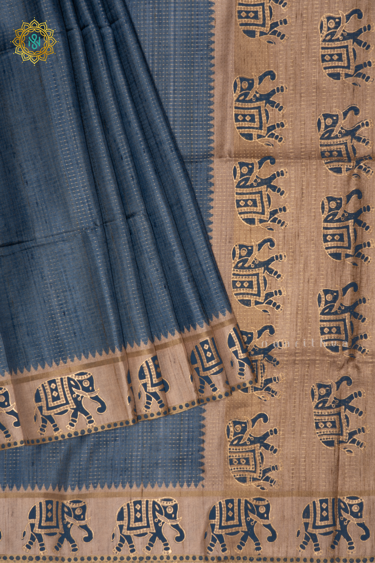 BLUE WITH BEIGE - SEMI TUSSAR SILK