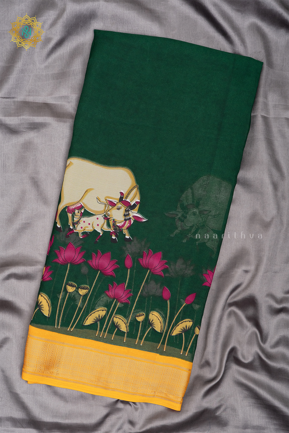 BOTTLE GREEN WITH YELLOW - SEMI GEORGETTE