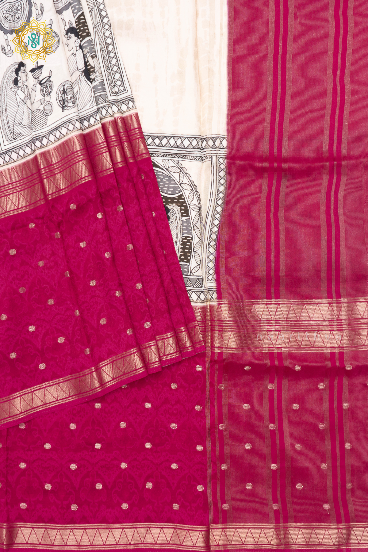 OFF WHITE WITH PINK - SEMI CREPE SILK