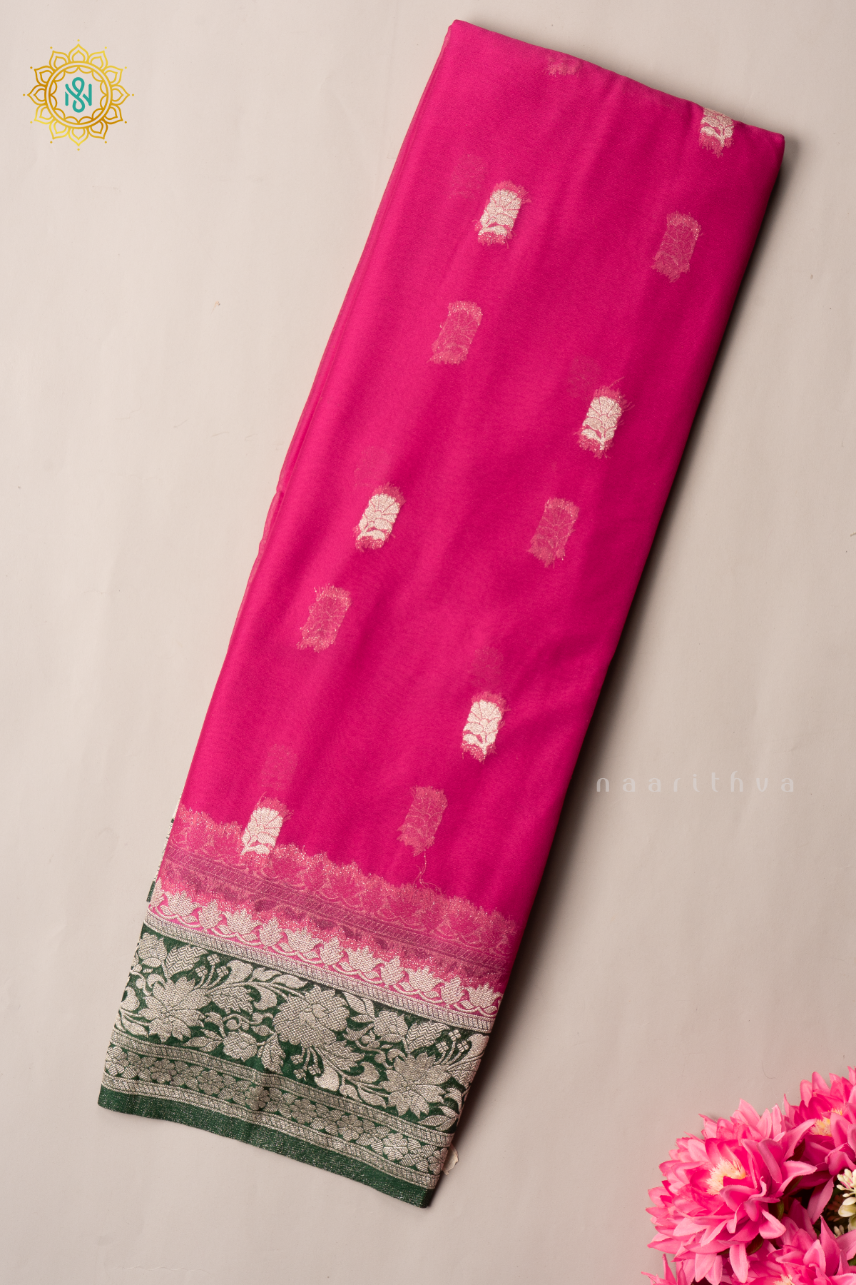 PINK WITH BOTTLE GREEN - SEMI CHIFFON BANARASI
