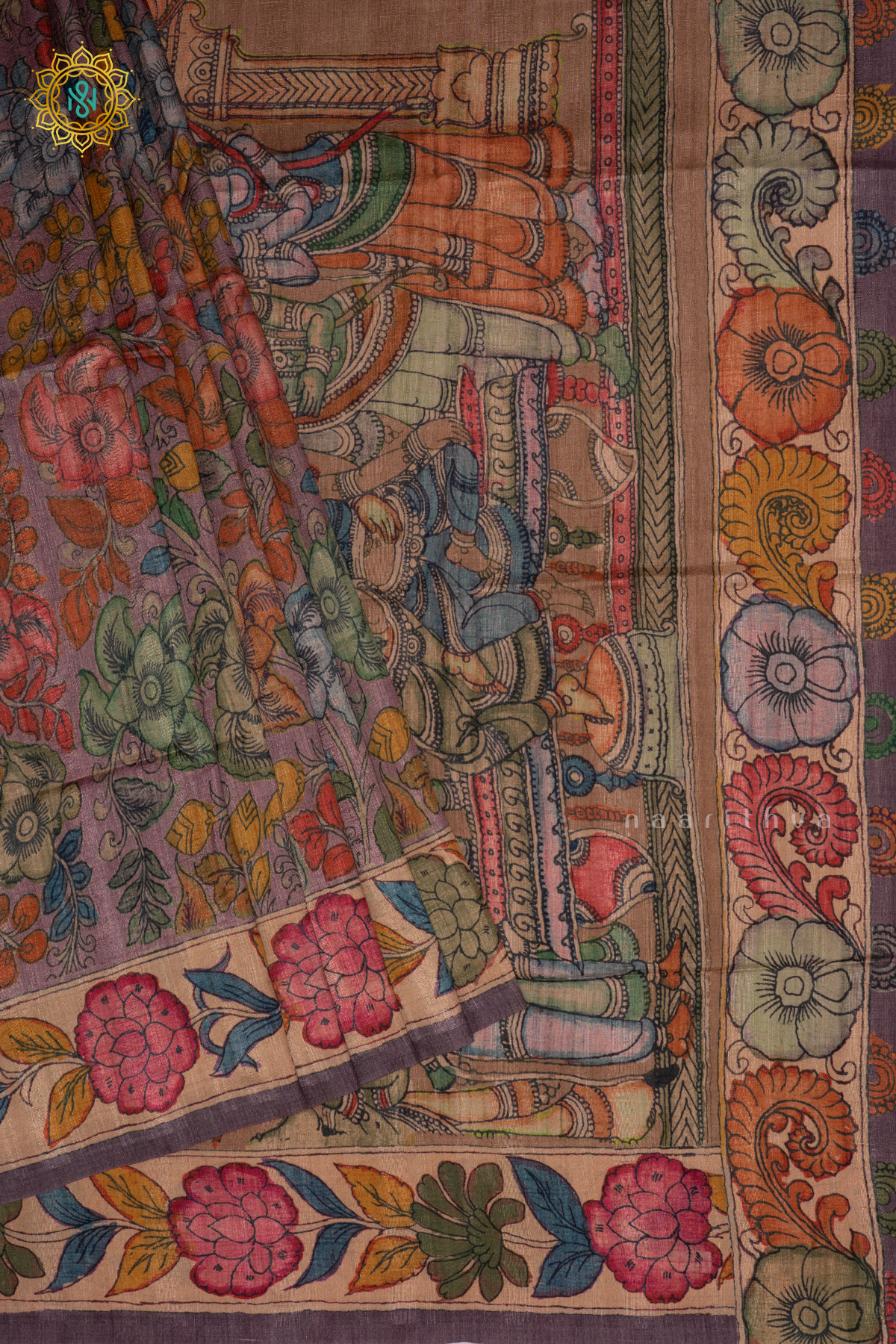 Light Purple With Beige - Semi Gicha Tussar Saree Allover Kalamkari Printed Body With Pallu And Blouse