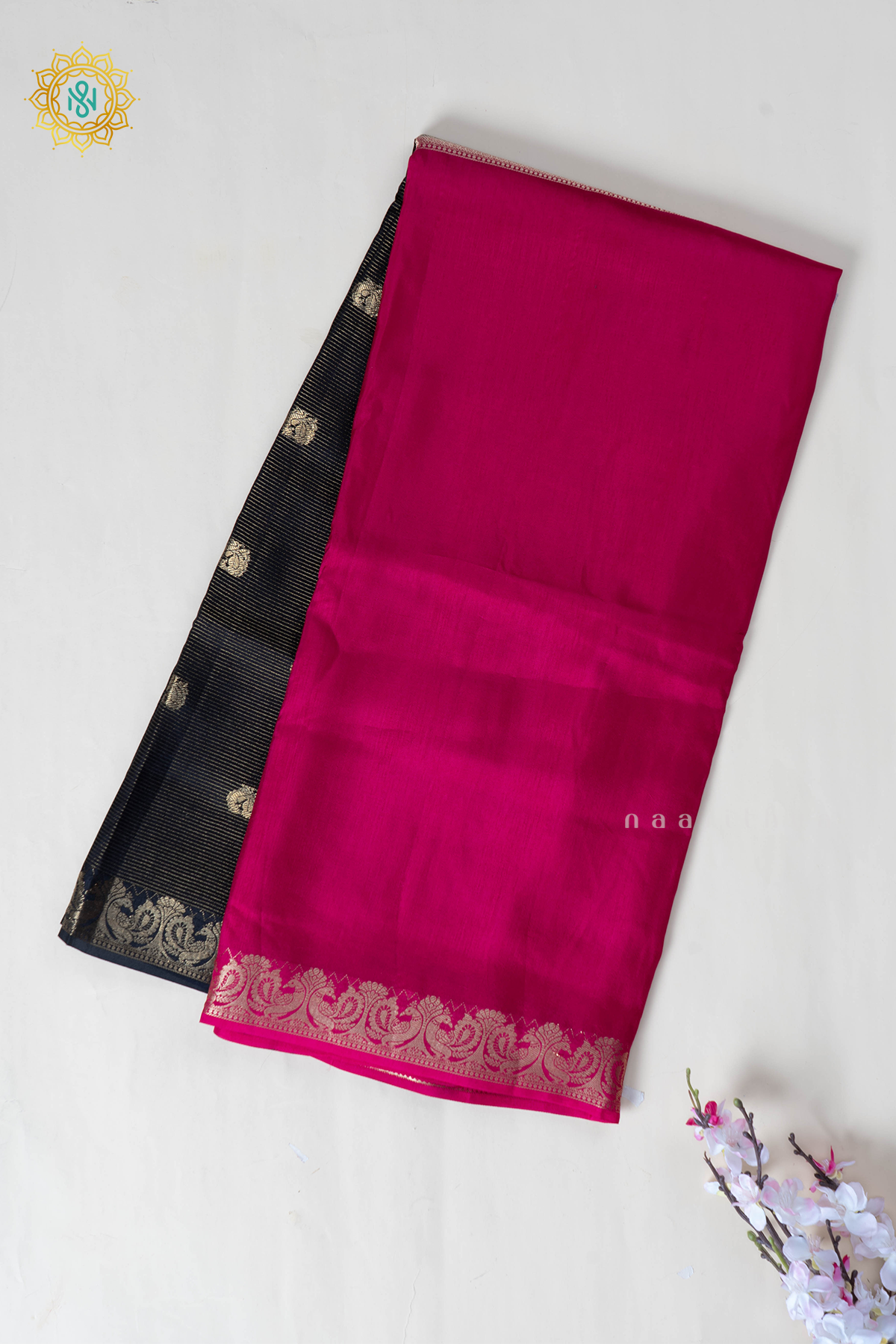 Black With Pink Semi Crepe Silk Saree With Zari Stripes & Buttas On The Body With Half & Half Pattern