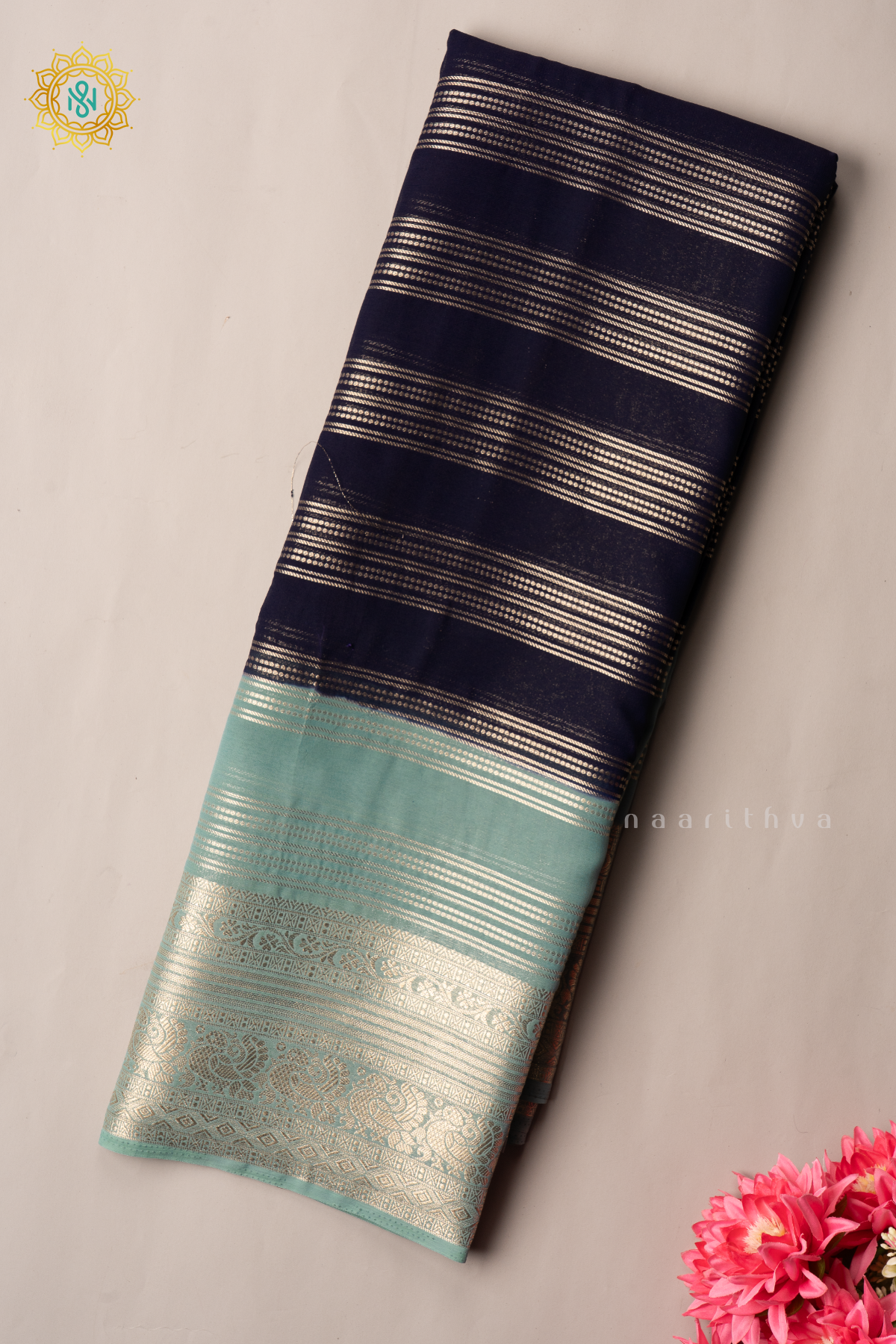 NAVY BLUE WITH AQUA BLUE - SEMI CREPE GEORGETTE