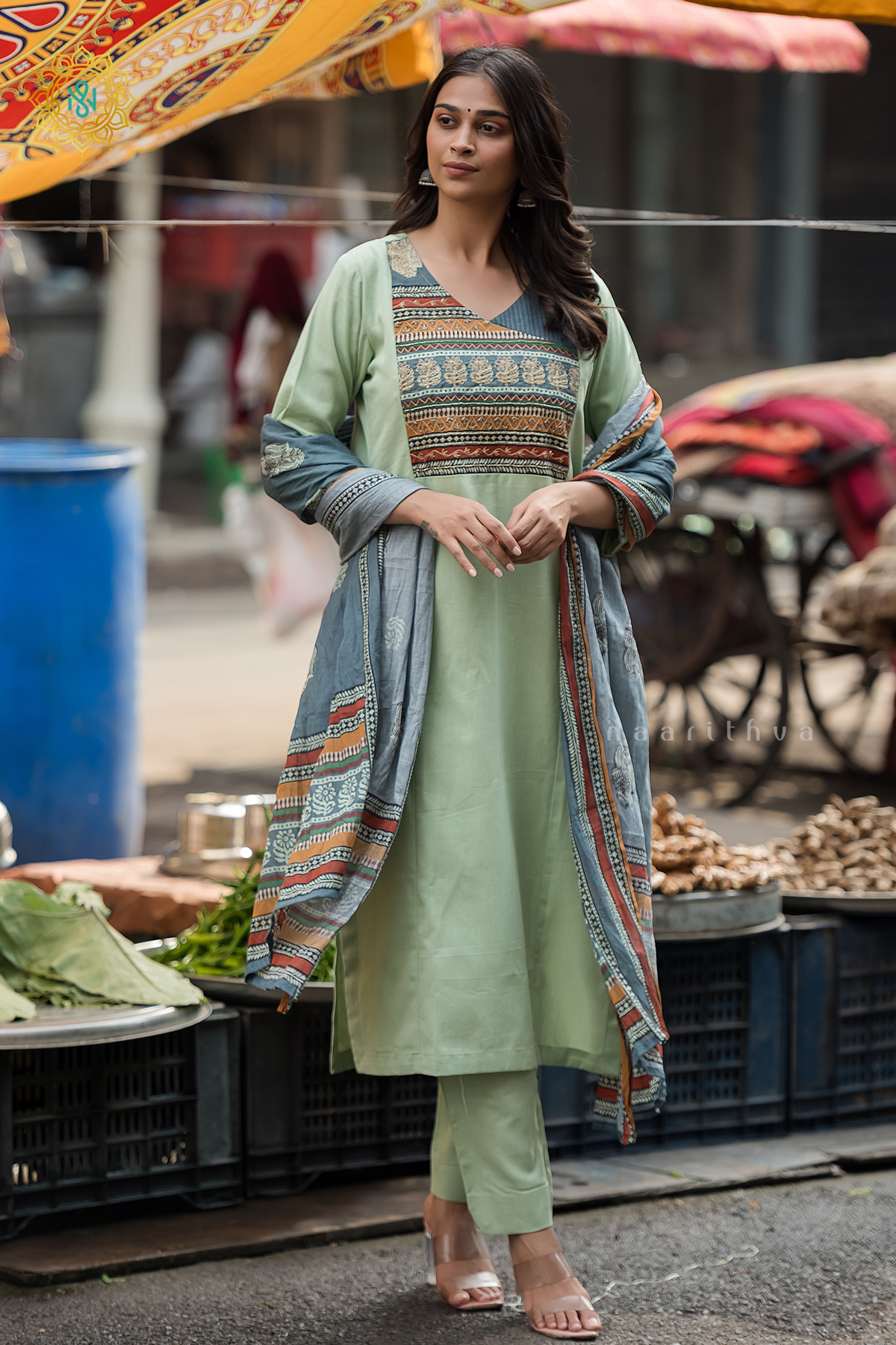 PISTA GREEN WITH BLUE - COTTON 3PC SALWAR SUIT WITH TOP, BOTTOM & DUPATTA