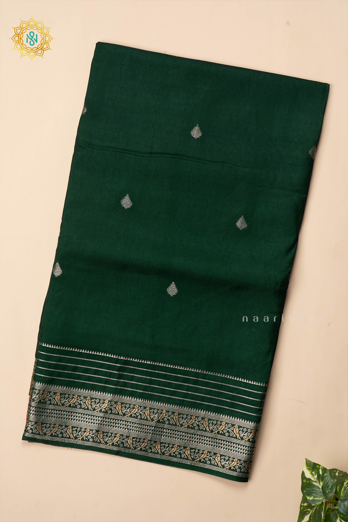 BOTTLE GREEN WITH RED - SEMI CREPE SILK