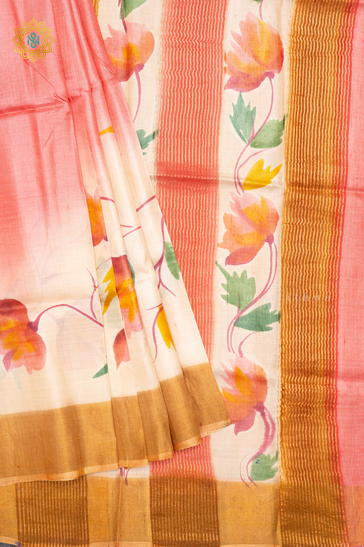 PEACHISH PINK WITH MUSTARD - PURE TUSSAR SILK WITH HAND PAINTED