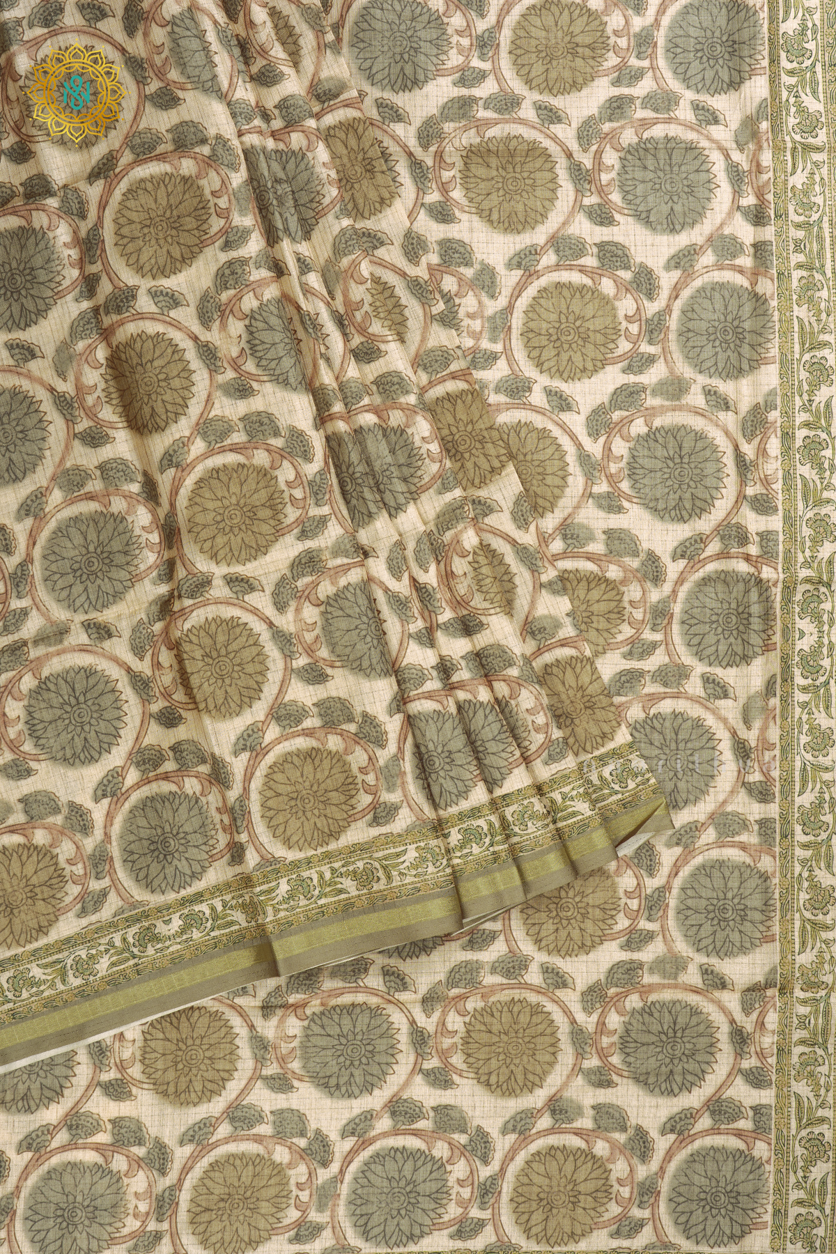 Beige With Green Semi Tussar Silk Saree With Printed Body And Tissue Border