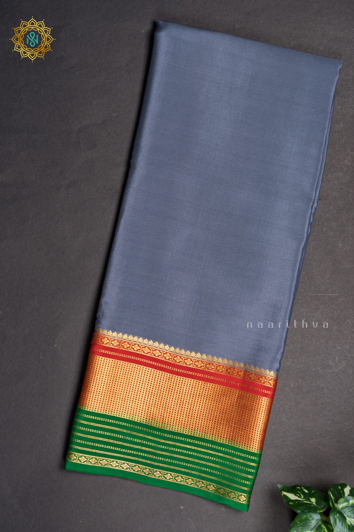 GREY WITH RED & GREEN - PURE MYSORE CREPE SILK