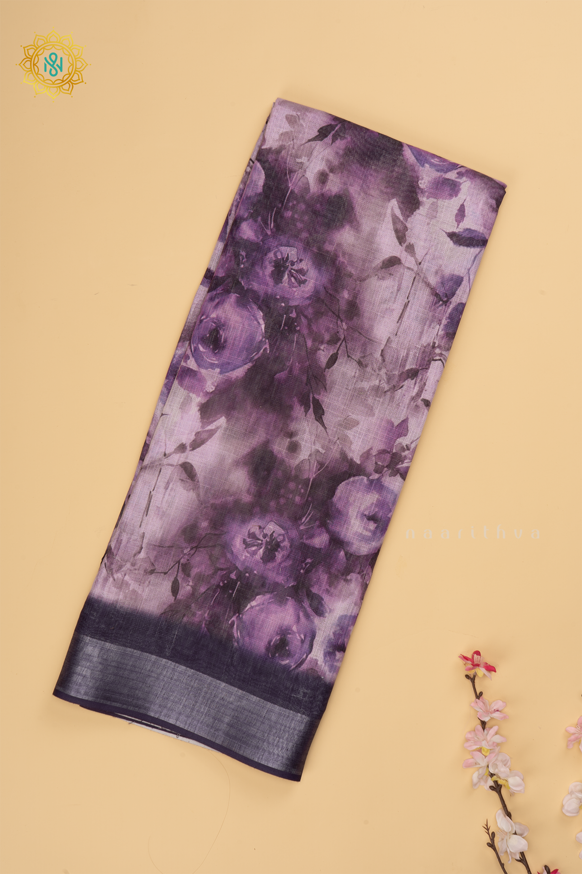 Purple Linen By Cotton Saree With Floral Printed Body
