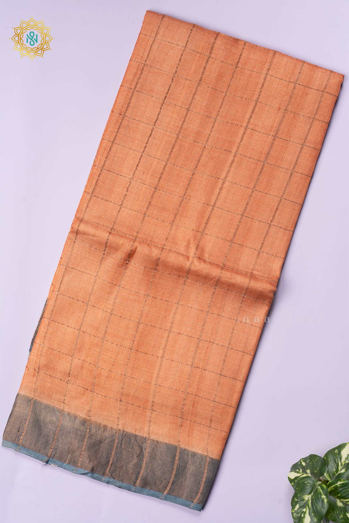 PEACH WITH AQUA BLUE - PURE TUSSAR SILK