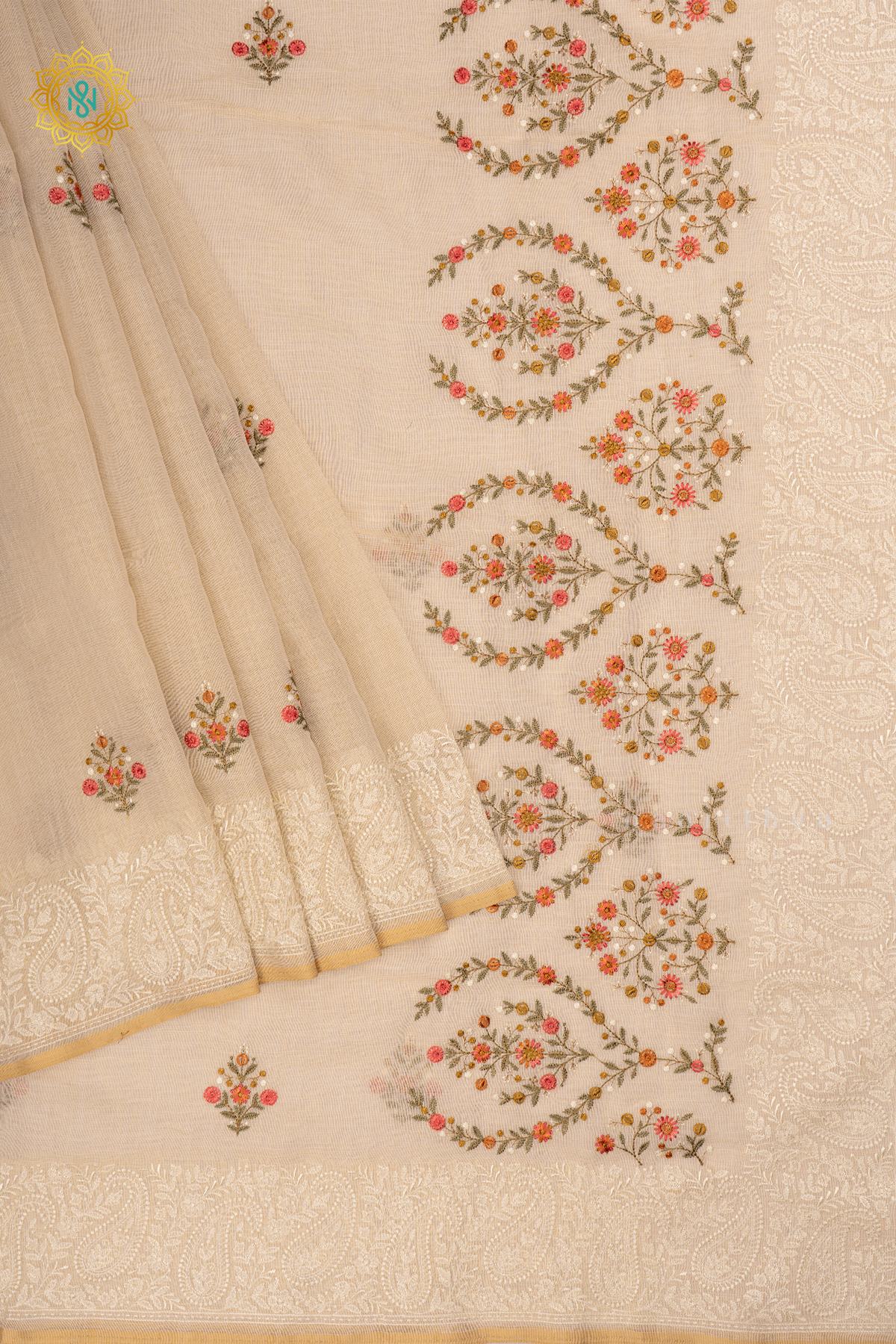 Off White with Pink Linen Tissue Saree with Allover Thread Work, Border and pallu