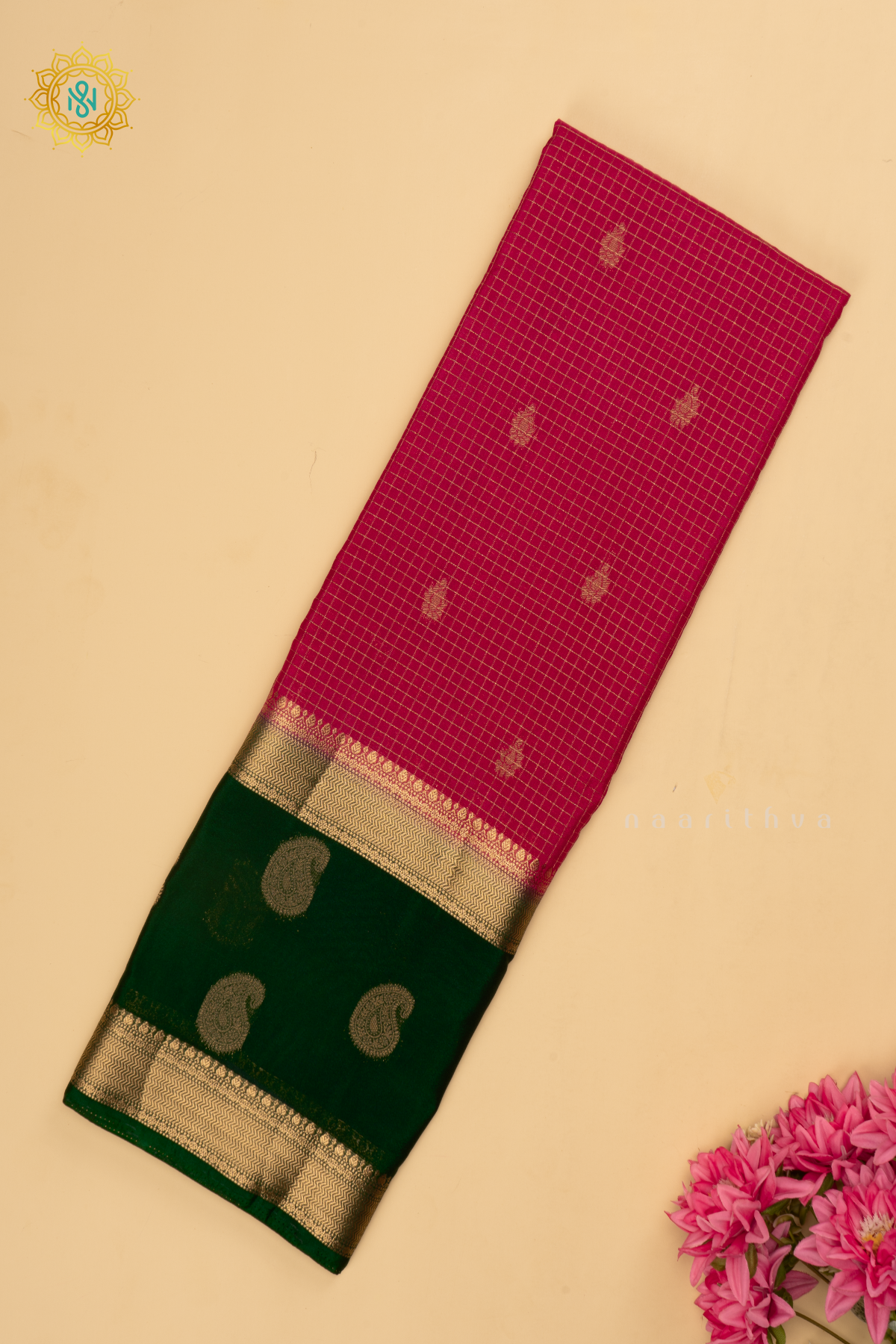 Rani Pink with Bottle Green Semi Mysore Crepe Silk Saree with All-Over Zari Checks and Buttas and a Contrast Zari Gap Border